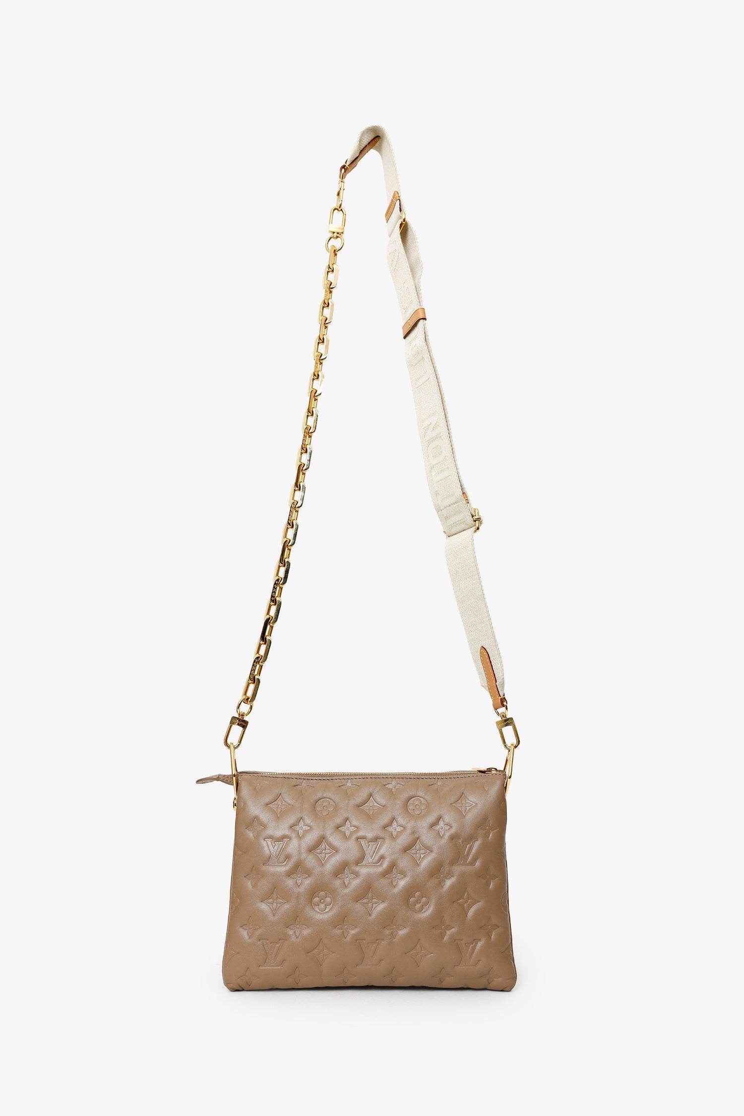 Louis Vuitton Taupe Handbag With Canvas Strap And Gold Chain