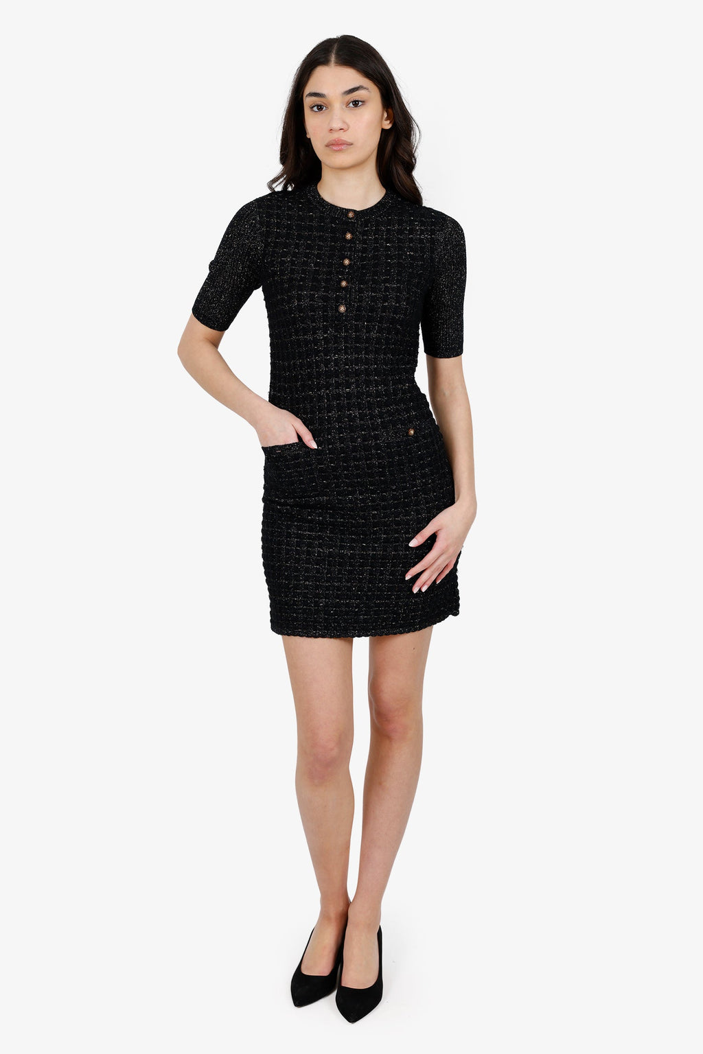 Pre-Loved Chanel™ 2017 Black/Gold Glitter Tweed Short Sleeve Dress Size 34
