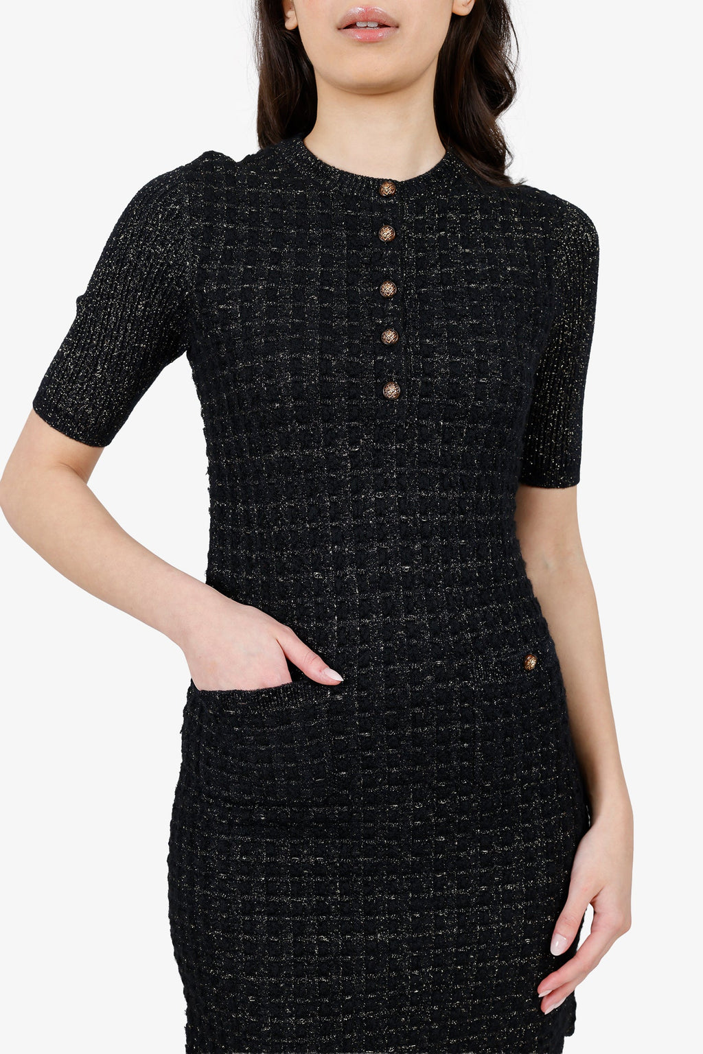 Pre-Loved Chanel™ 2017 Black/Gold Glitter Tweed Short Sleeve Dress Size 34