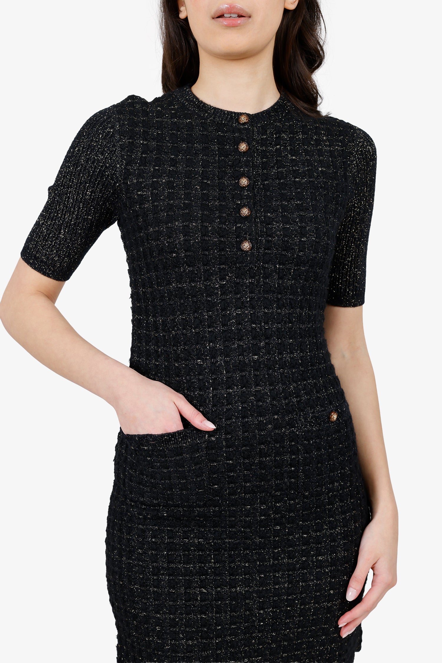 Pre-Loved Chanel™ 2017 Black/Gold Glitter Tweed Short Sleeve Dress Size 34