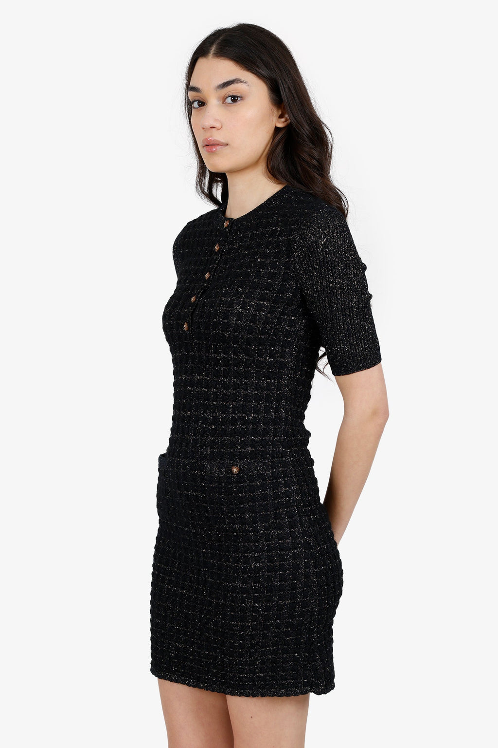 Pre-Loved Chanel™ 2017 Black/Gold Glitter Tweed Short Sleeve Dress Size 34