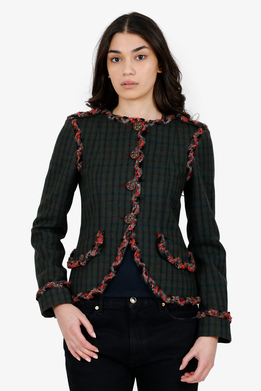 Pre-Loved Chanel™ 2013 Paris-Edinburgh Green Tartan Trim Tweed Jacket Size 36
