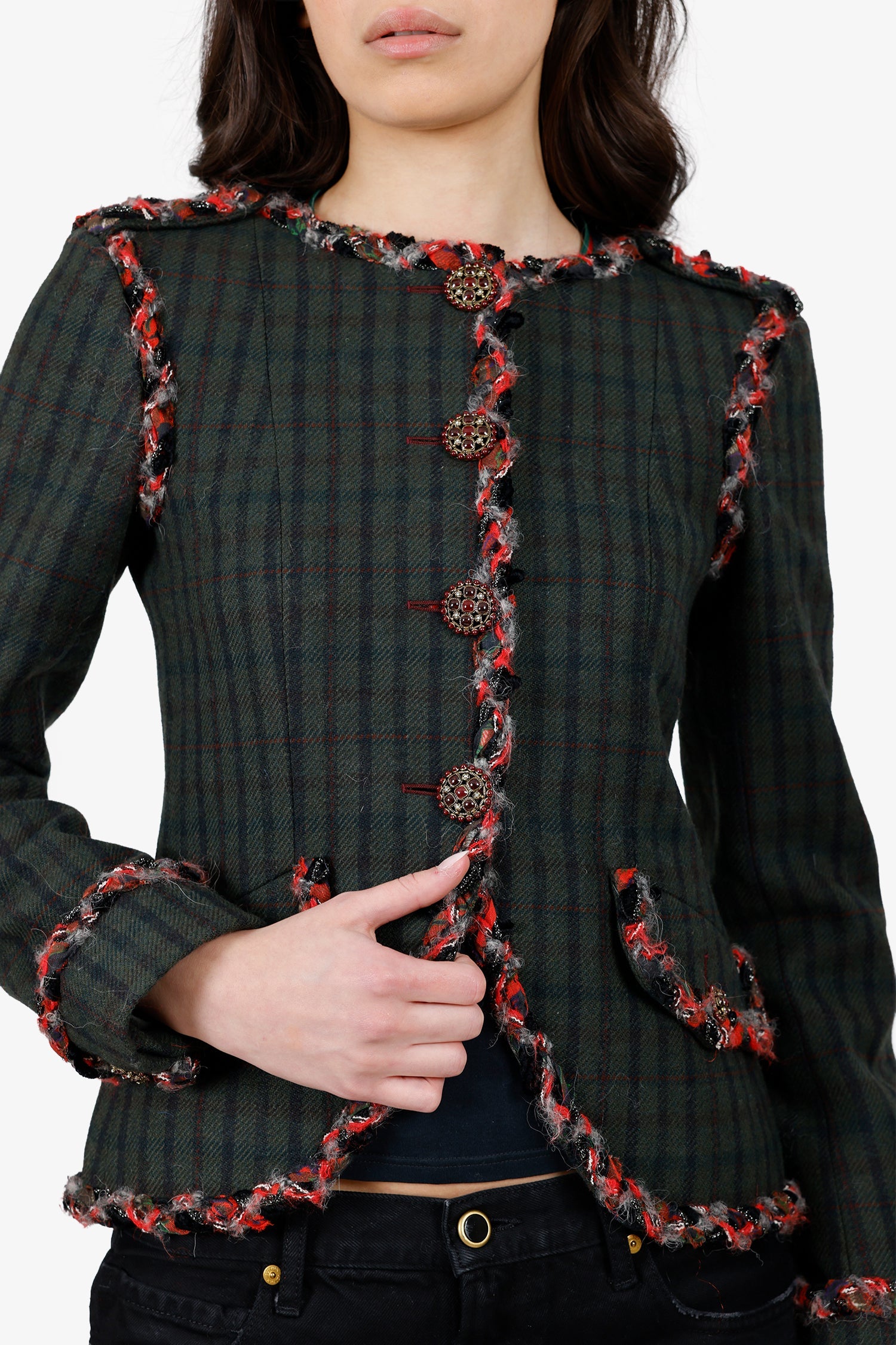 Pre-Loved Chanel™ 2013 Paris-Edinburgh Green Tartan Trim Tweed Jacket Size 36