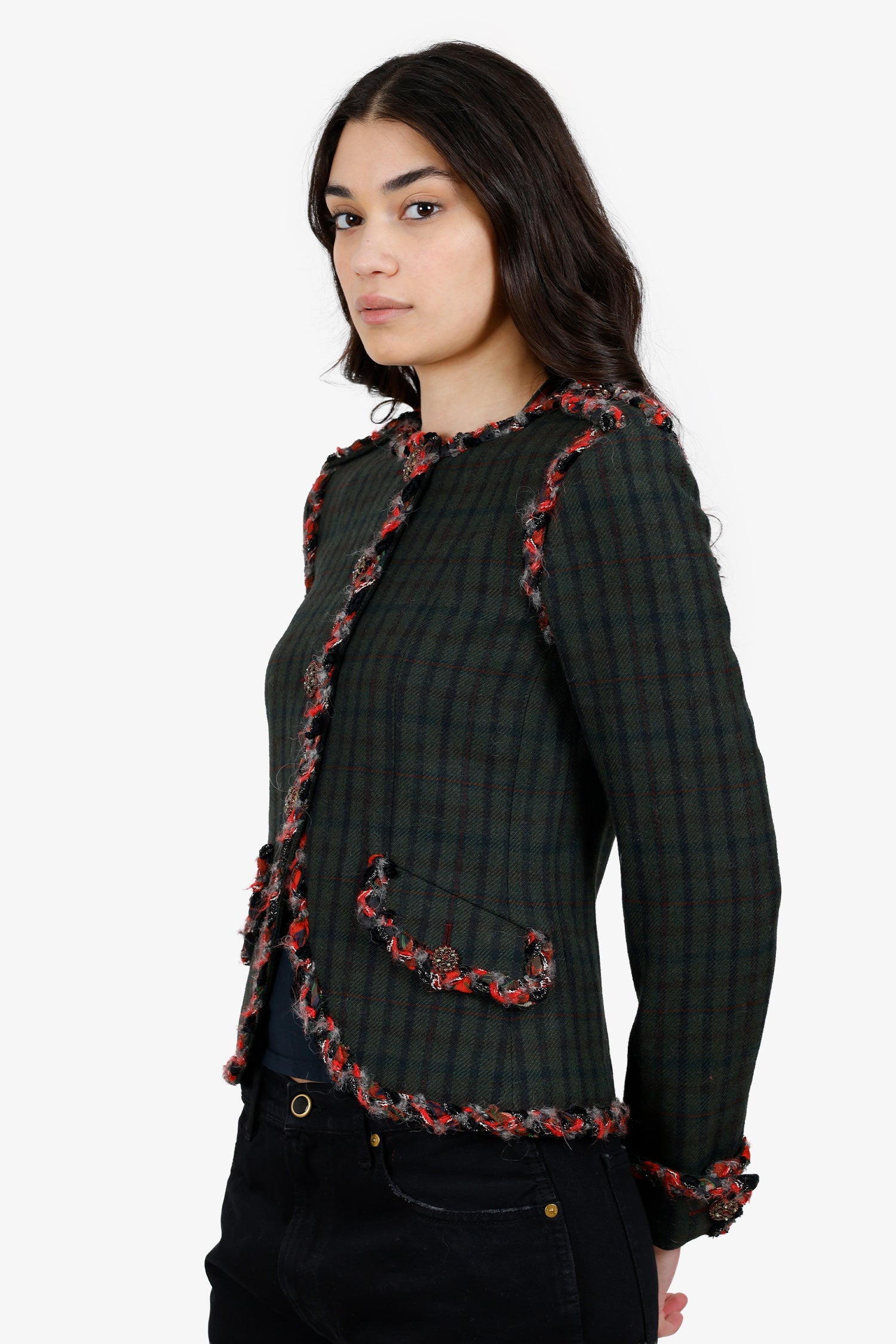 Pre-Loved Chanel™ 2013 Paris-Edinburgh Green Tartan Trim Tweed Jacket Size 36