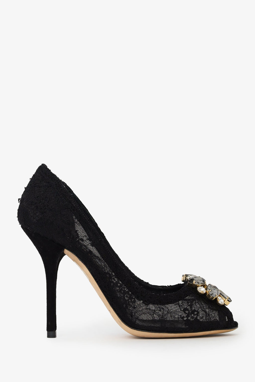 Dolce & Gabbana Black Lace Crystal Flower Heels Size 36.5