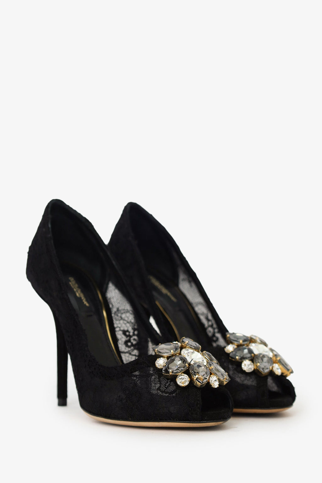 Dolce & Gabbana Black Lace Crystal Flower Heels Size 36.5