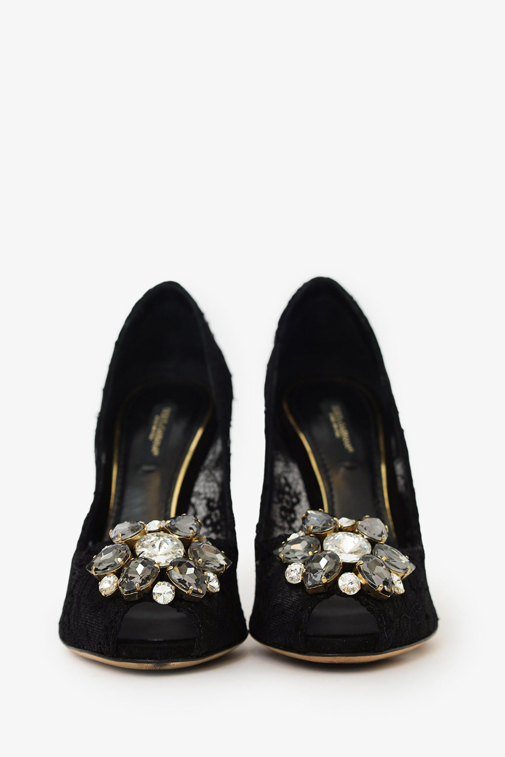 Dolce & Gabbana Black Lace Crystal Flower Heels Size 36.5