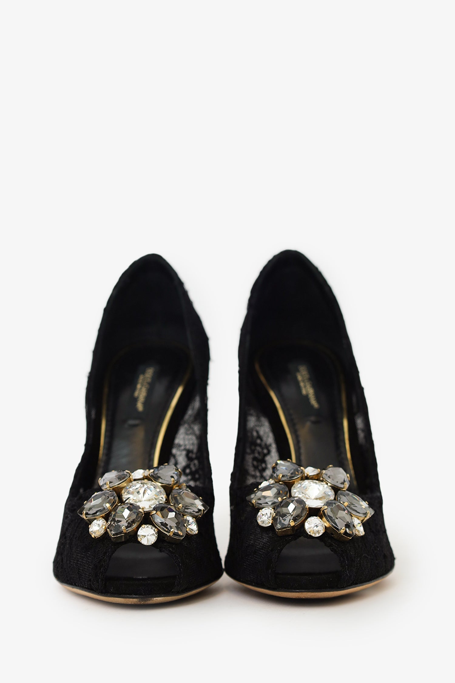 Dolce & Gabbana Black Lace Crystal Flower Heels Size 36.5