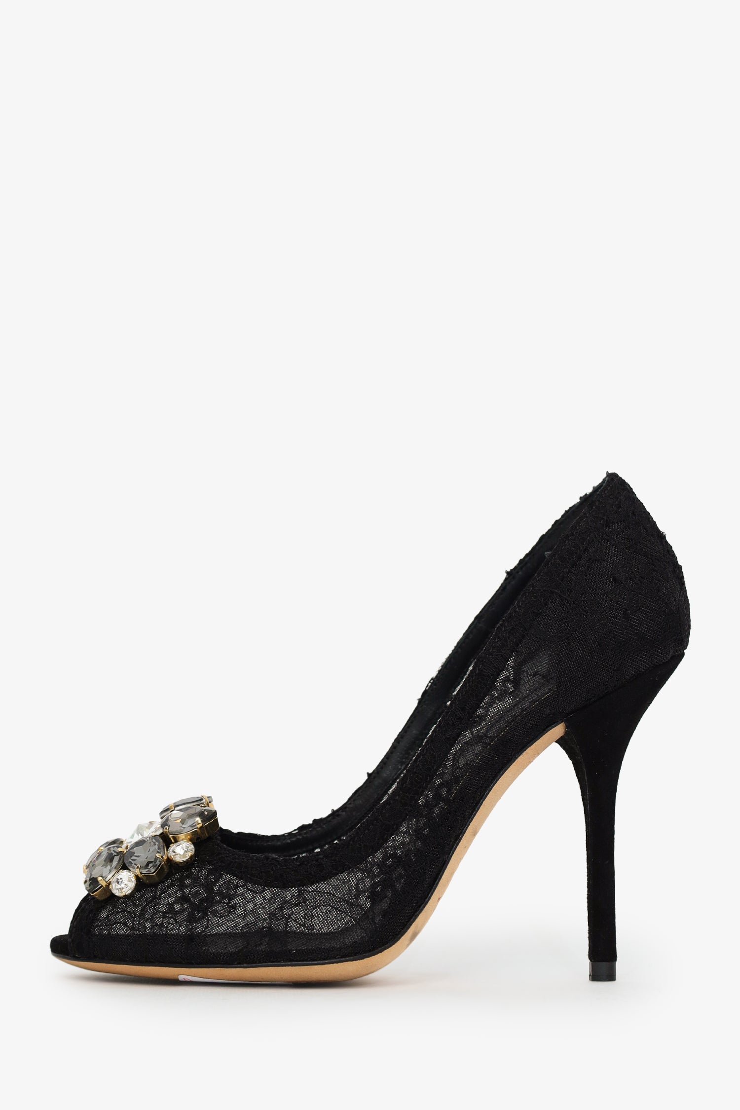 Dolce & Gabbana Black Lace Crystal Flower Heels Size 36.5