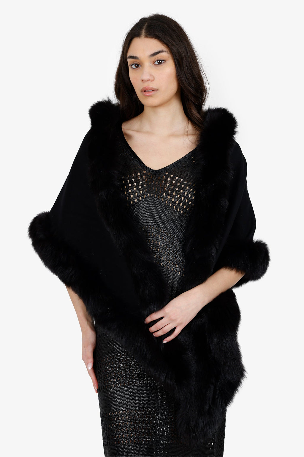 Sofia Cashmere Black Cashmere Fox Fur Trimmed Shawl