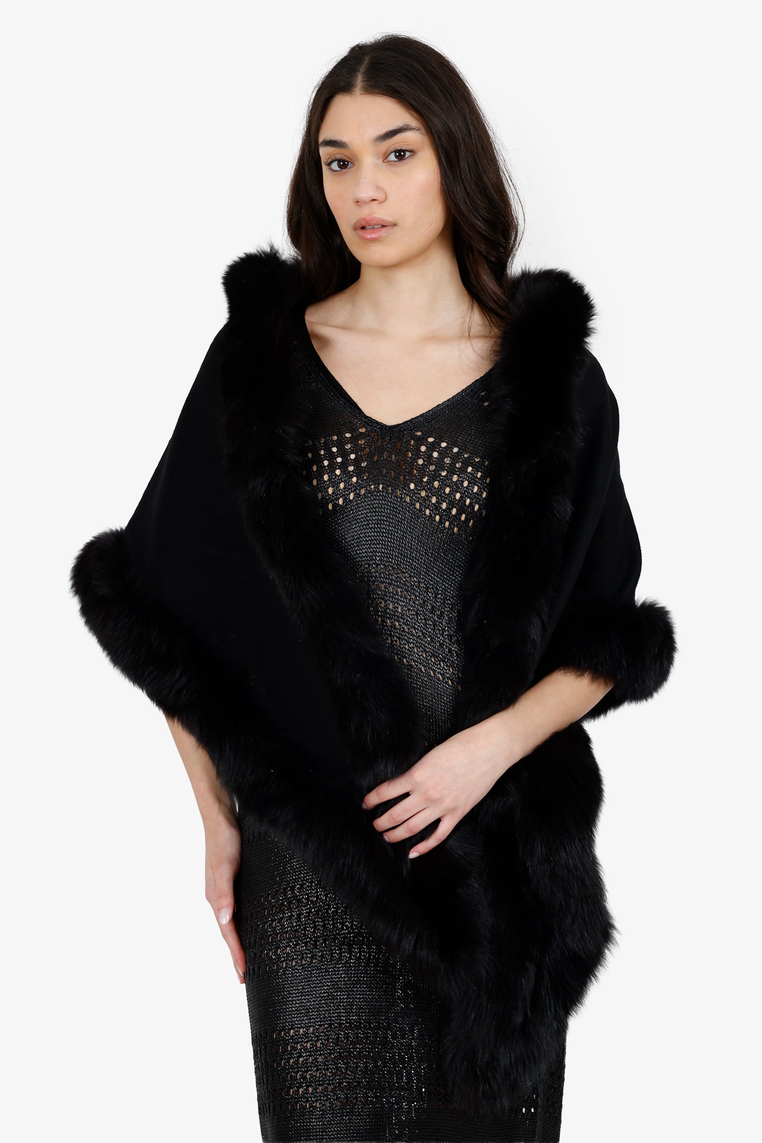 Sofia Cashmere Black Cashmere Fox Fur Trimmed Shawl