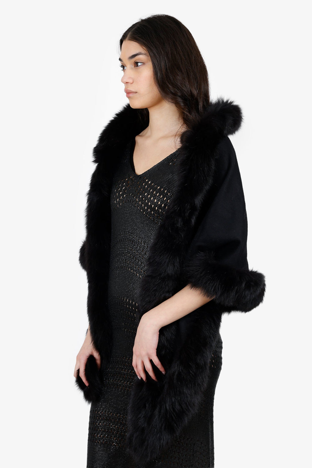 Sofia Cashmere Black Cashmere Fox Fur Trimmed Shawl