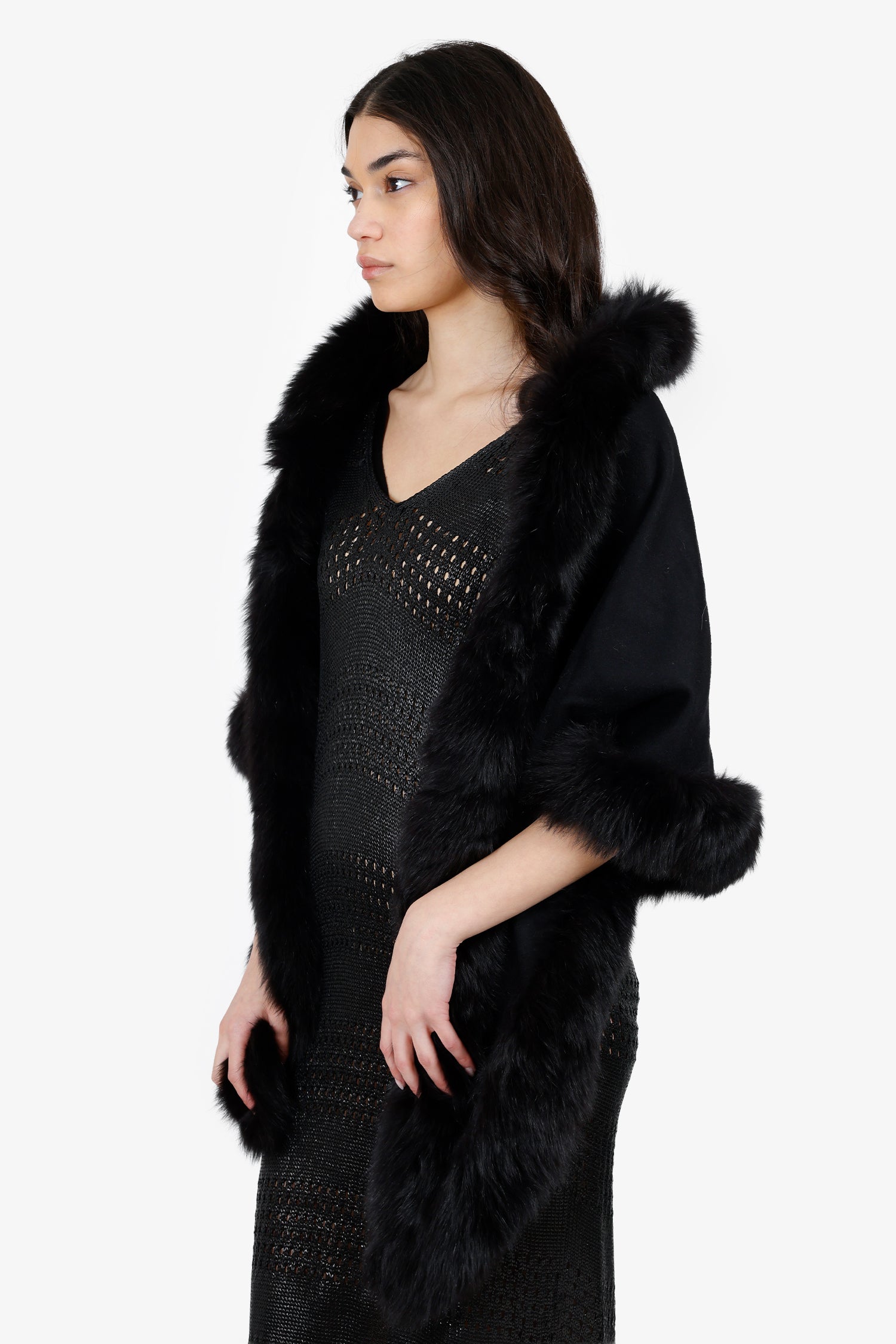 Sofia Cashmere Black Cashmere Fox Fur Trimmed Shawl
