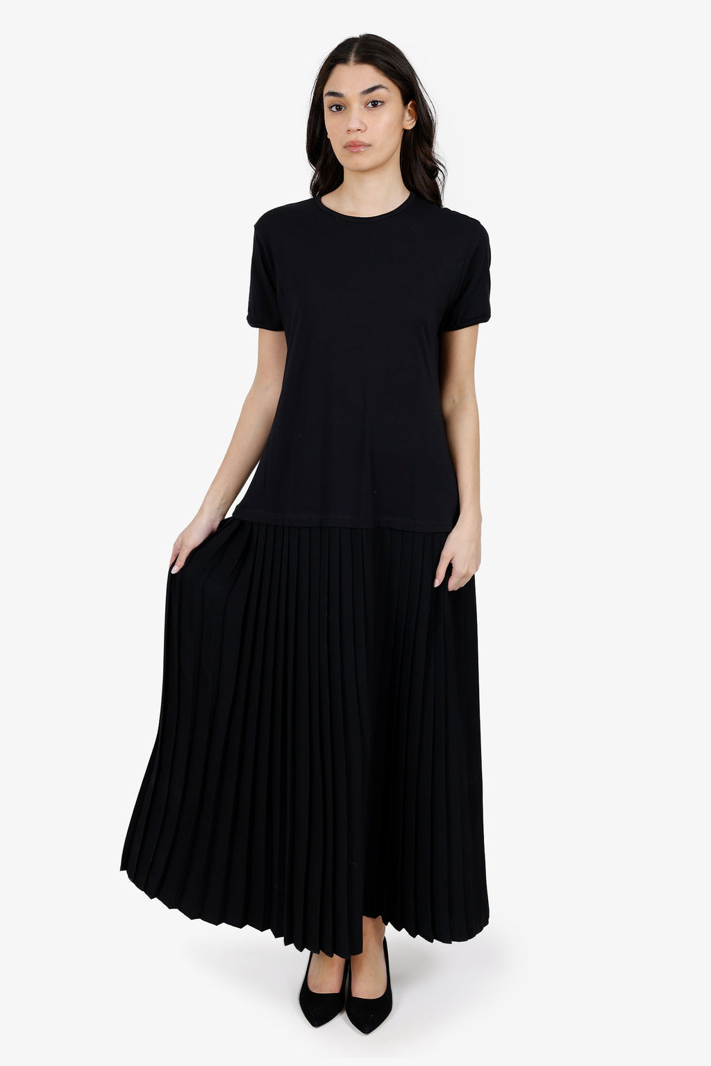 Maison Margiela Black Cotton Short Sleeve Midi Dress With Pleated Skirt Size XL