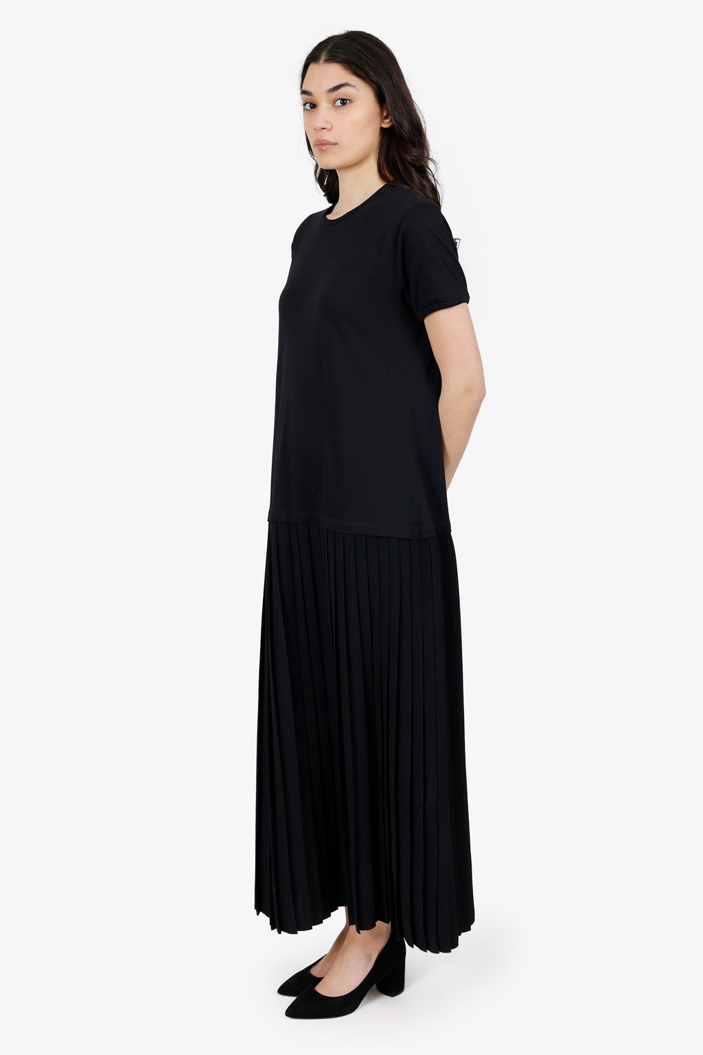 Maison Margiela Black Cotton Short Sleeve Midi Dress With Pleated Skirt Size XL