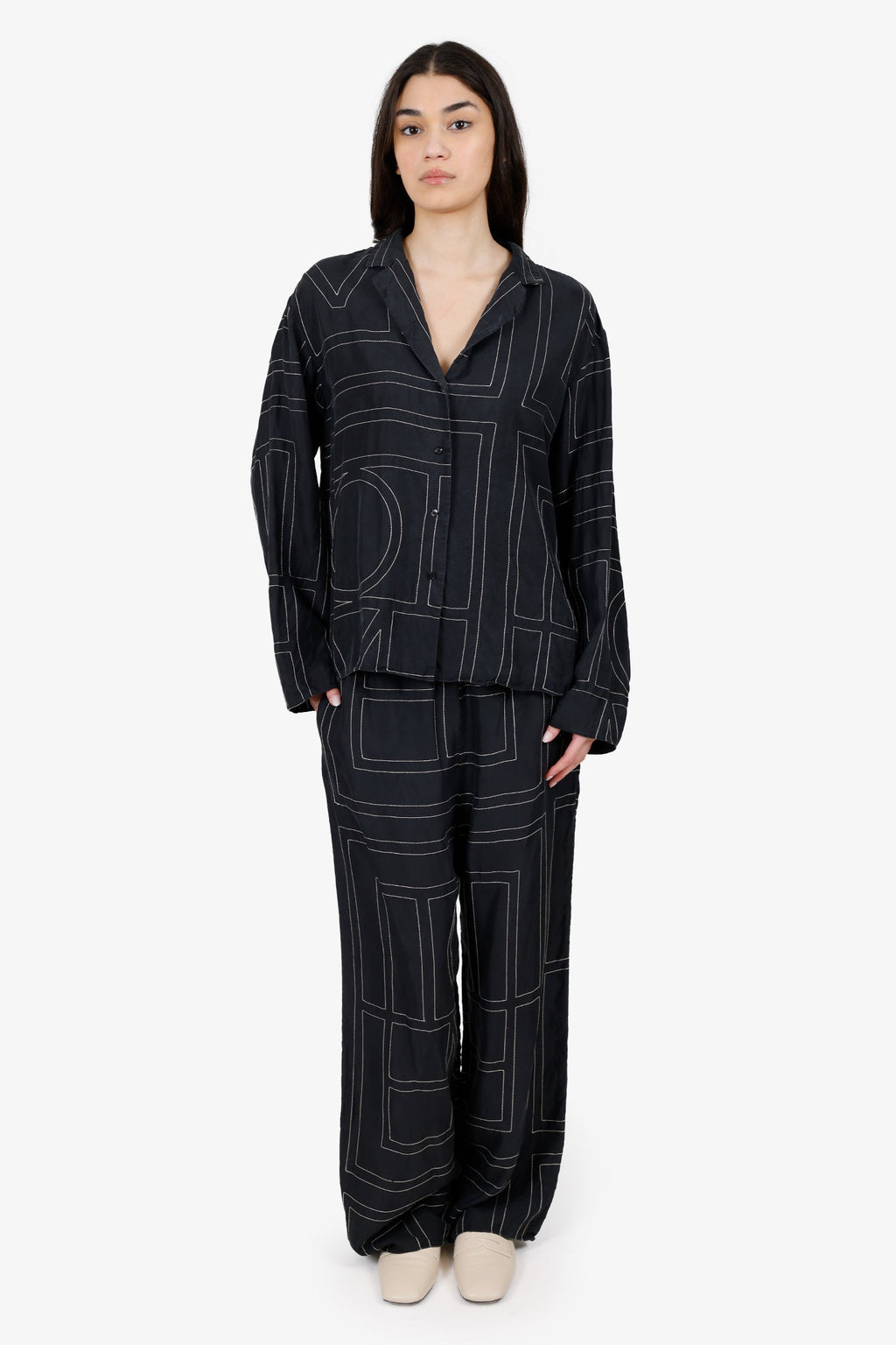 Toteme Black Monogram Silk Pyjama Top + Pant Set Size 40
