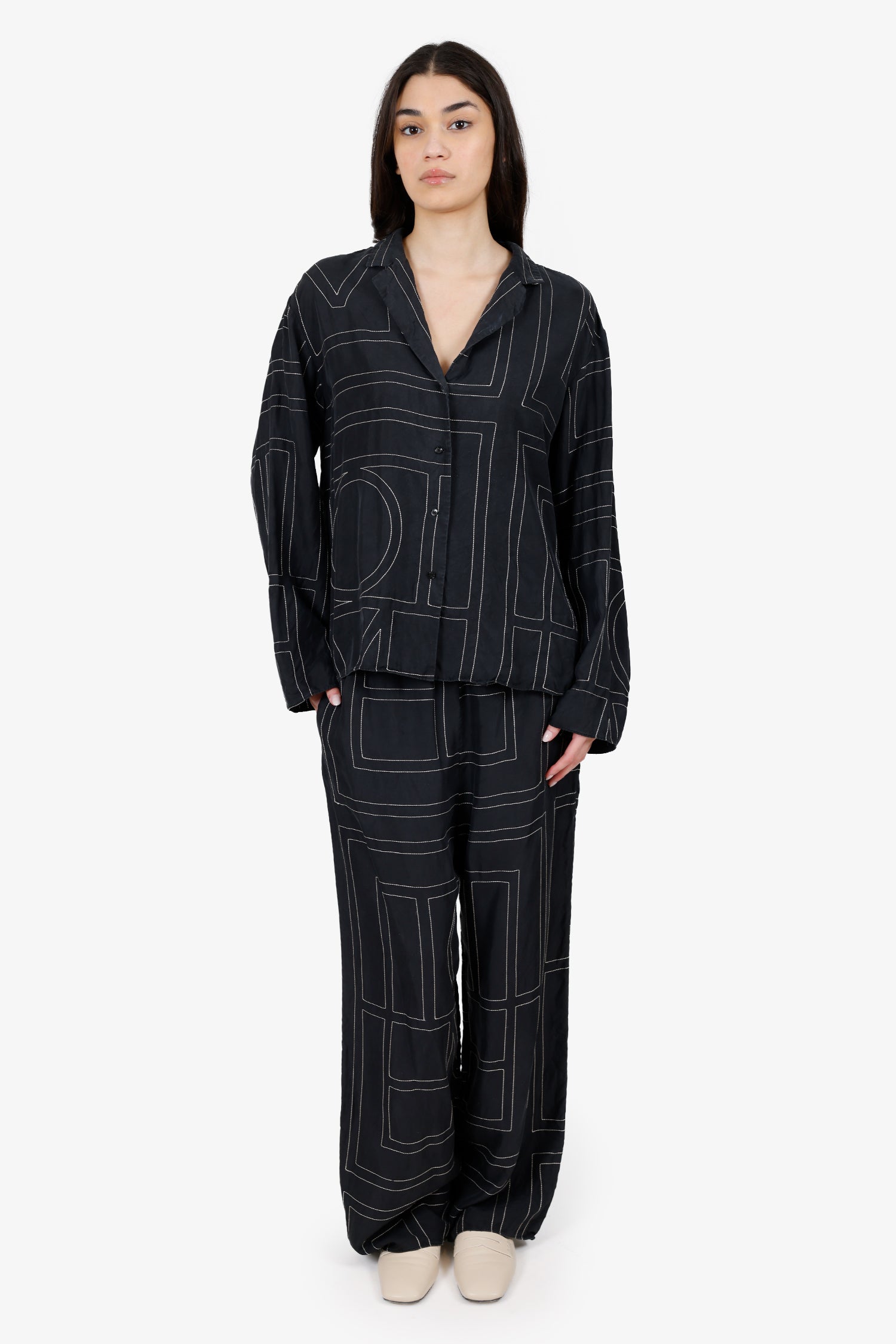 Toteme Black Monogram Silk Pyjama Top + Pant Set Size 40