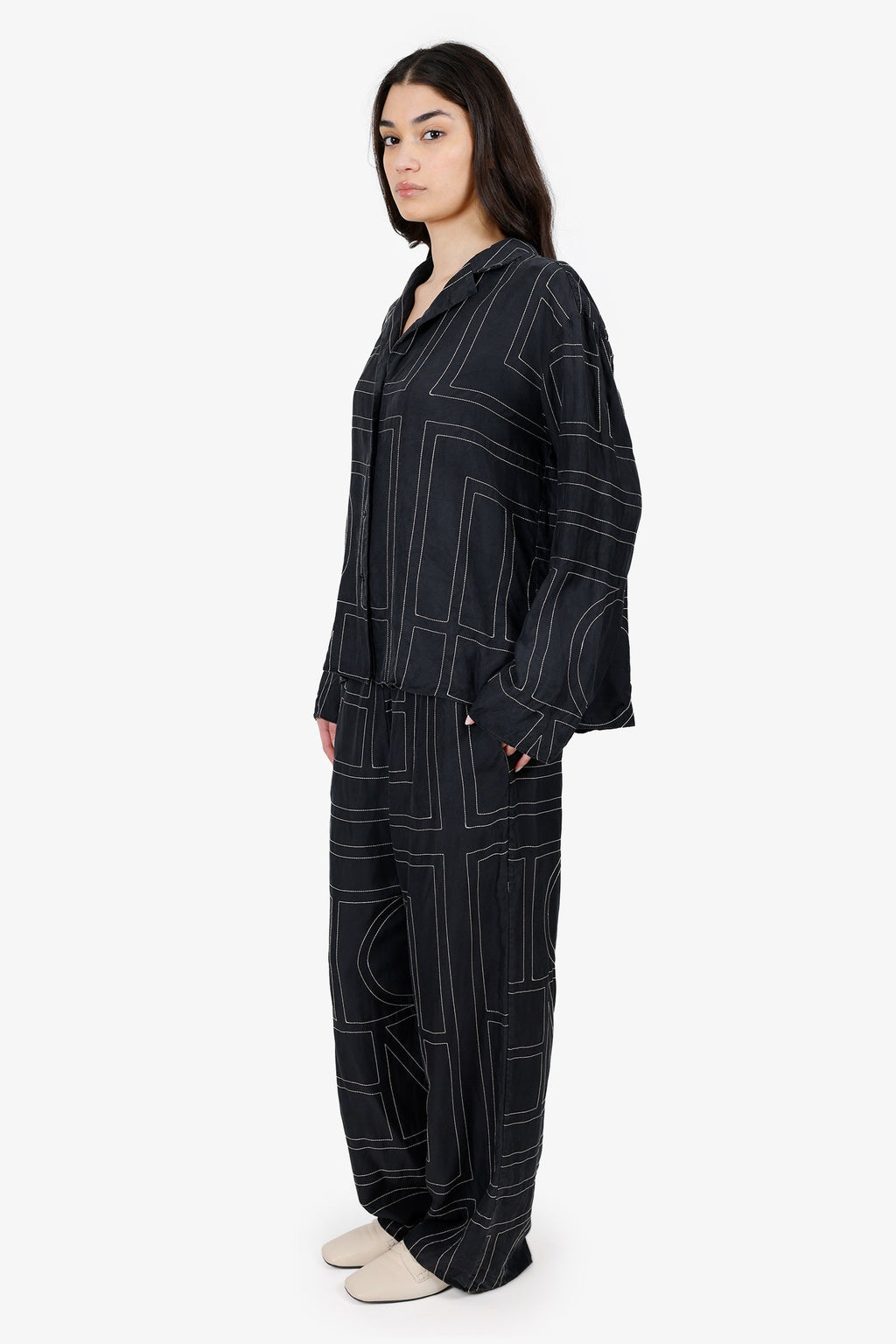 Toteme Black Monogram Silk Pyjama Top + Pant Set Size 40