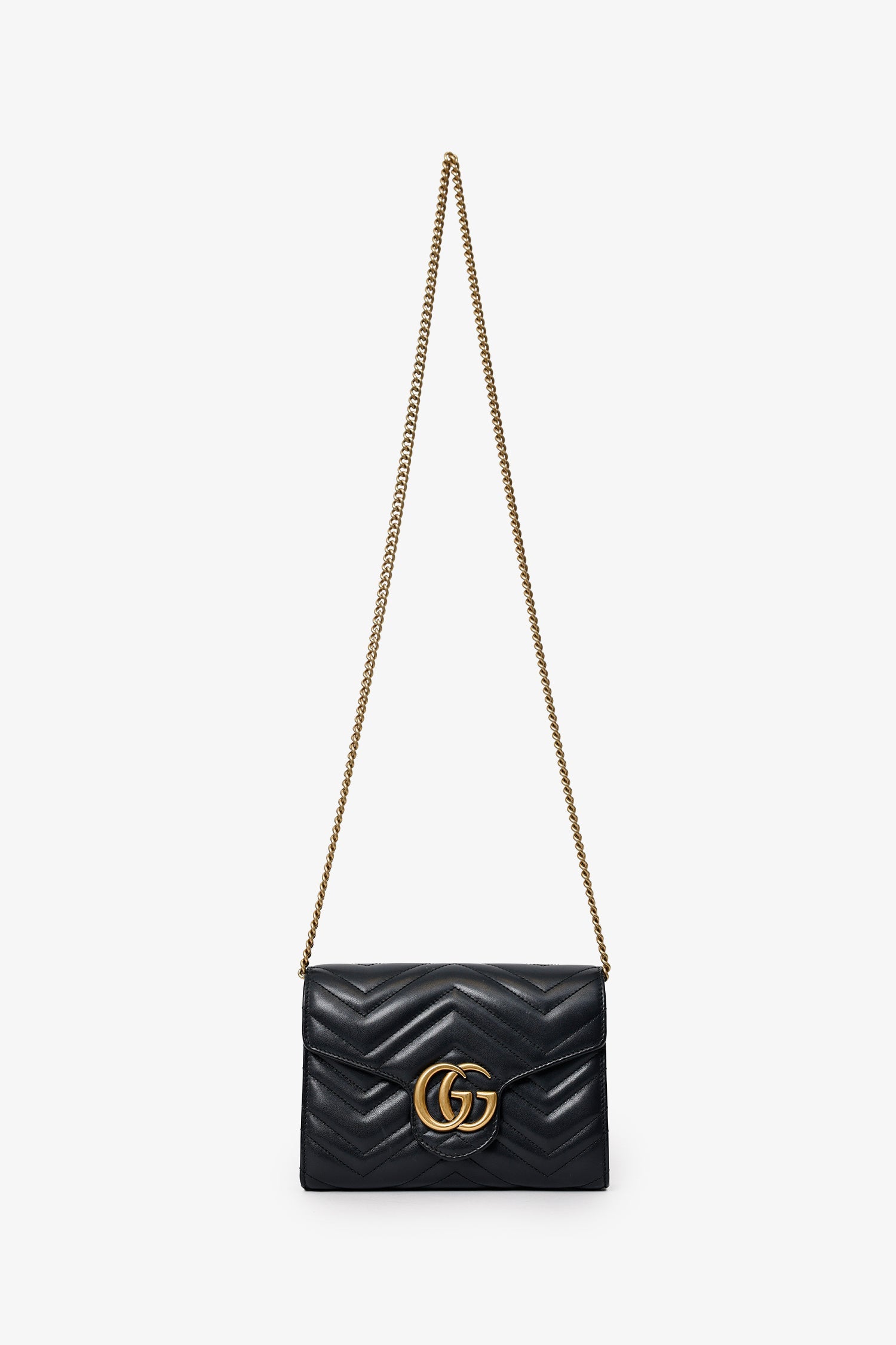 Gucci Black Leather Chevron GG Marmont Wallet on Chain