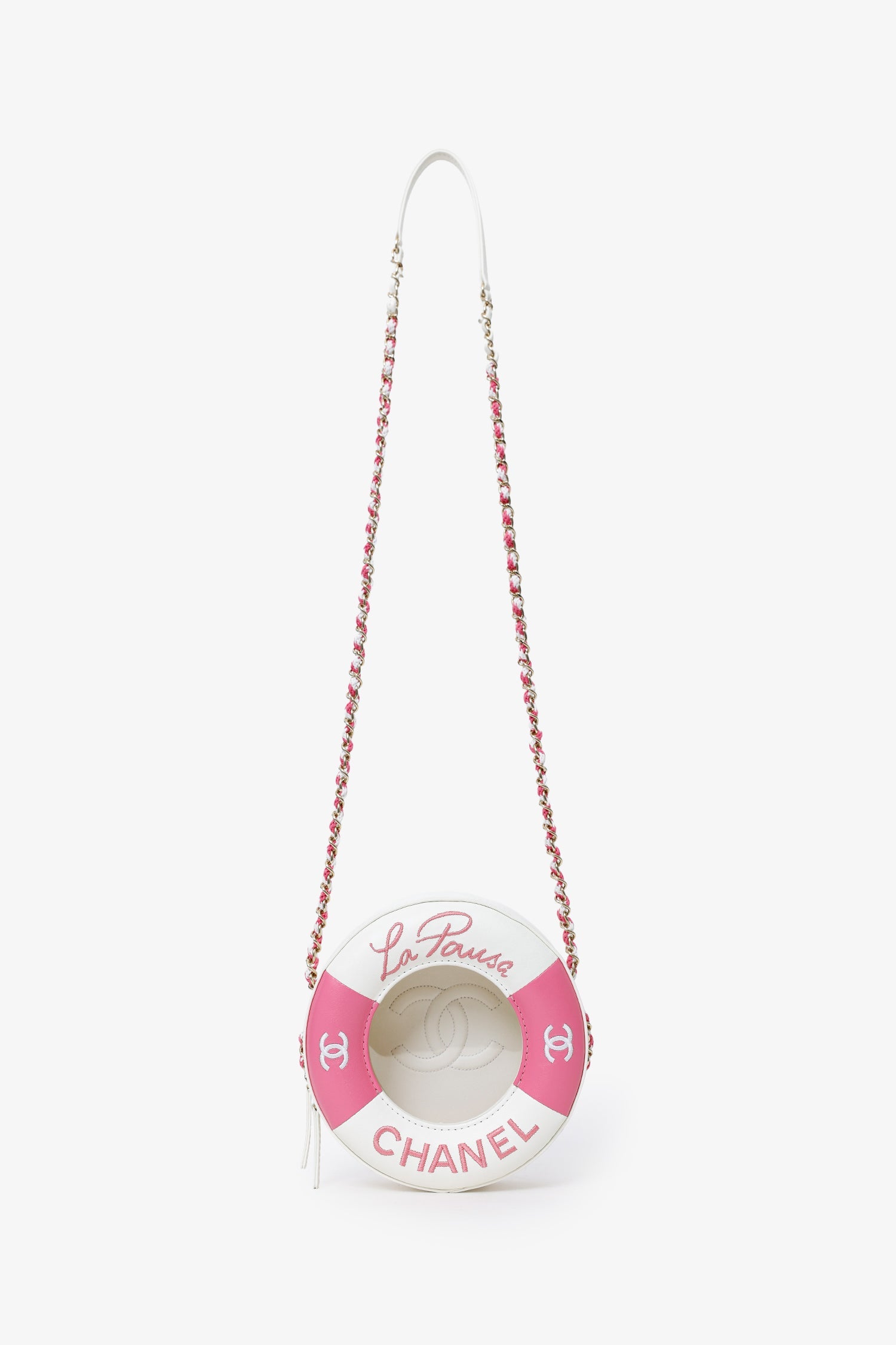 Pre-Loved Chanel™ Pink/White Lambskin Lifesaver Small Round Bag