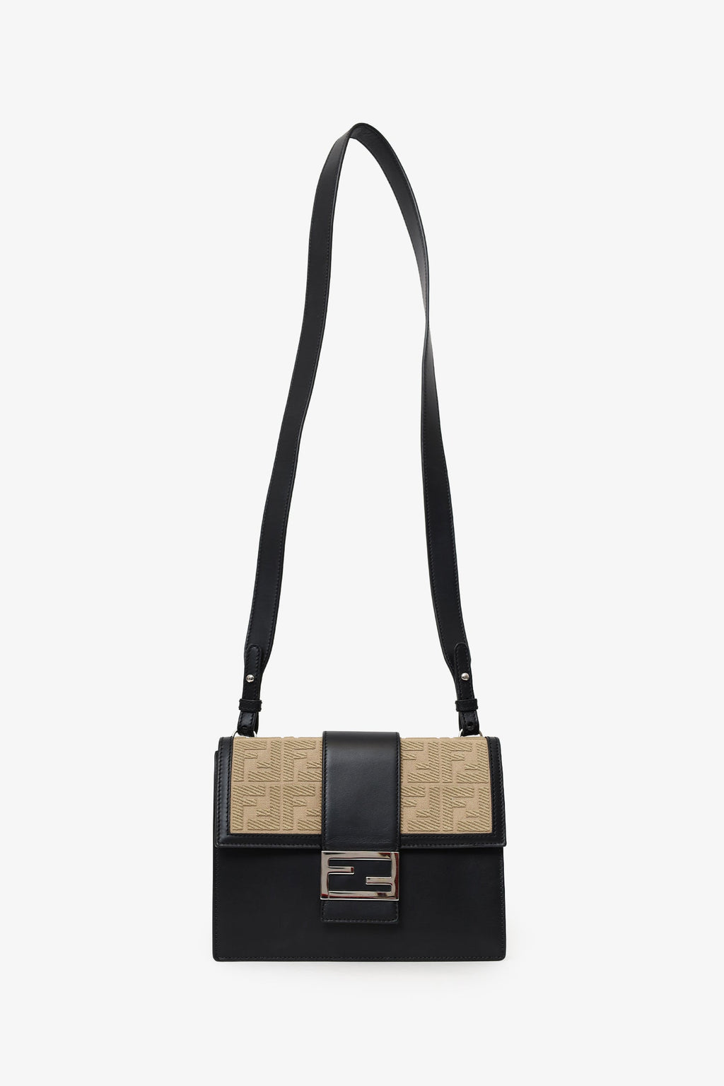Fendi Black/Beige Calfskin/Canvas FF 1974 Flat Baguette Crossbody