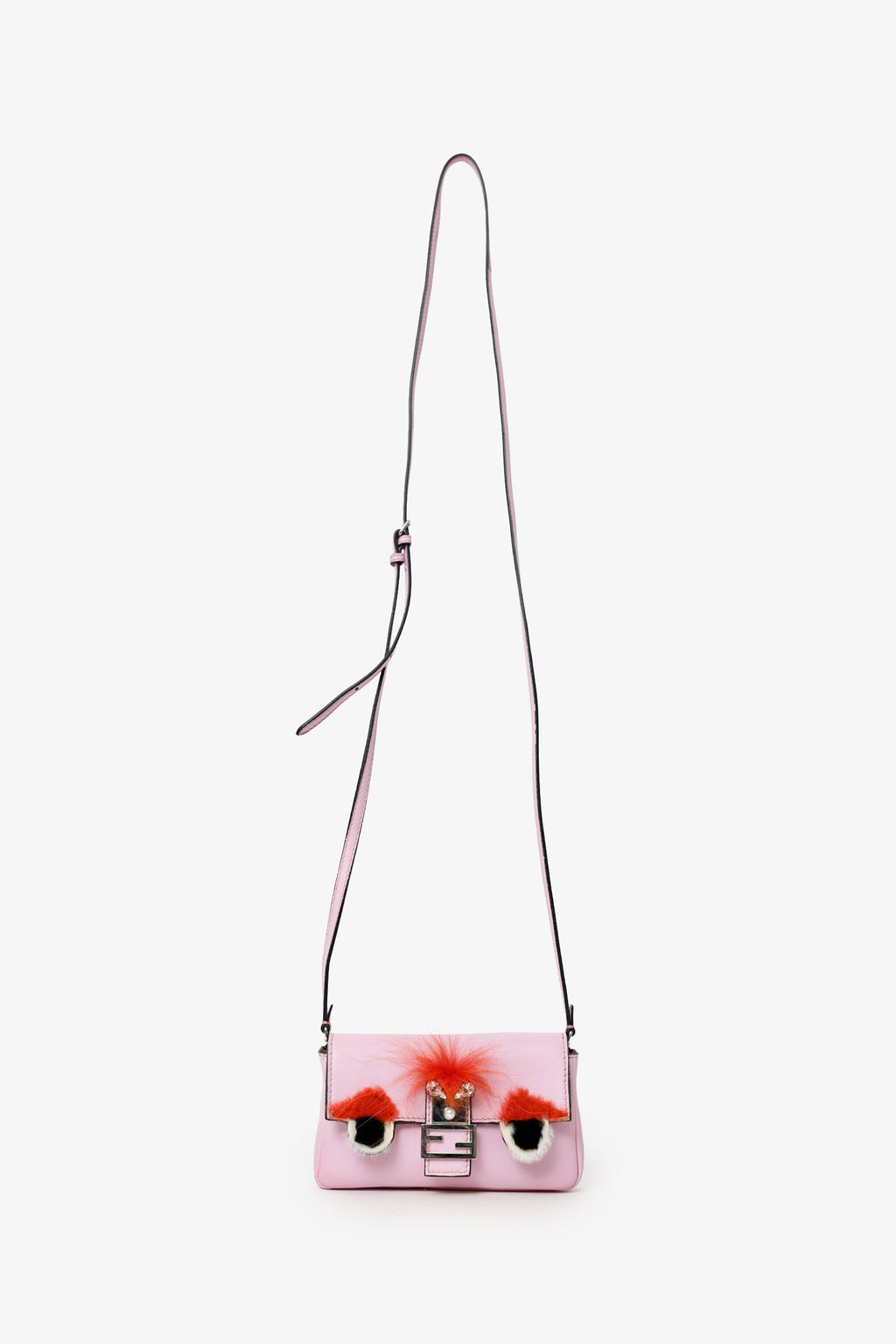 Fendi Pink Leather Crystal/Fur Micro 'Monster' Baguette With Strap