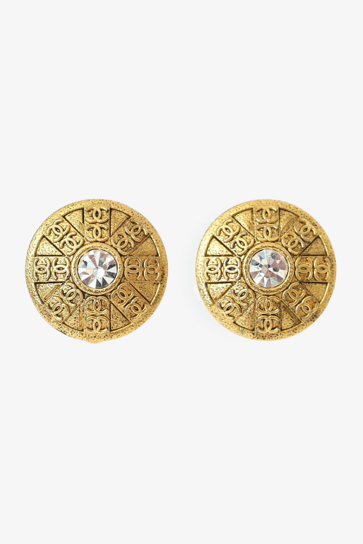 Pre-Loved Chanel™ Vintage Gold-tone CC Crystal Round Clip-on Earrings