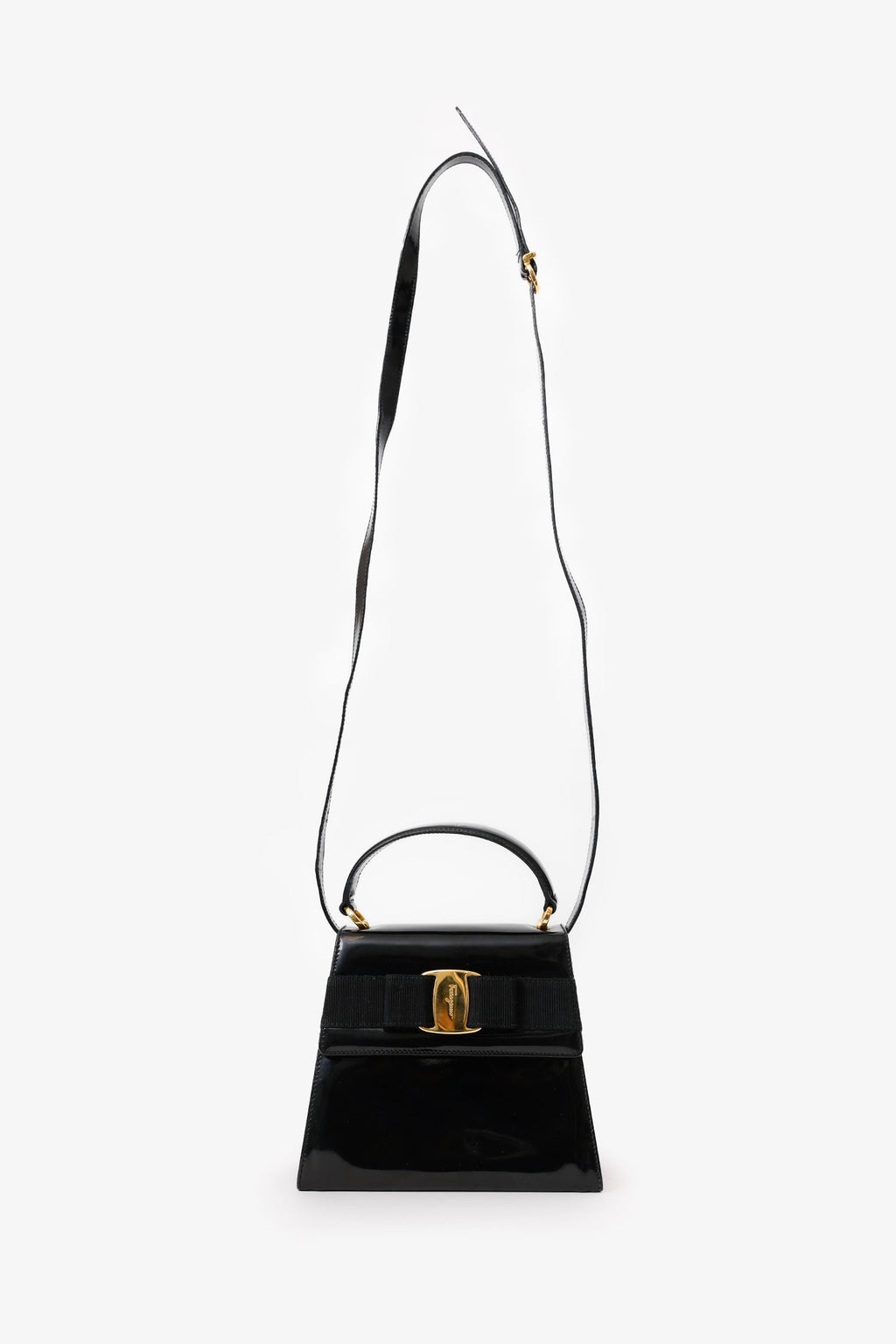 Salvatore Ferragamo Black Patent Leather Vara Bow Top Handle Bag