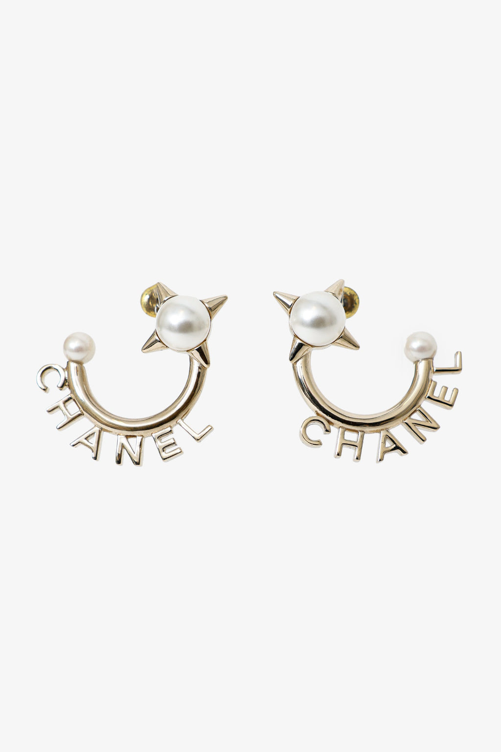 Pre-Loved Chanel™ Gold Tone Pearl Logo Hoop Earrings