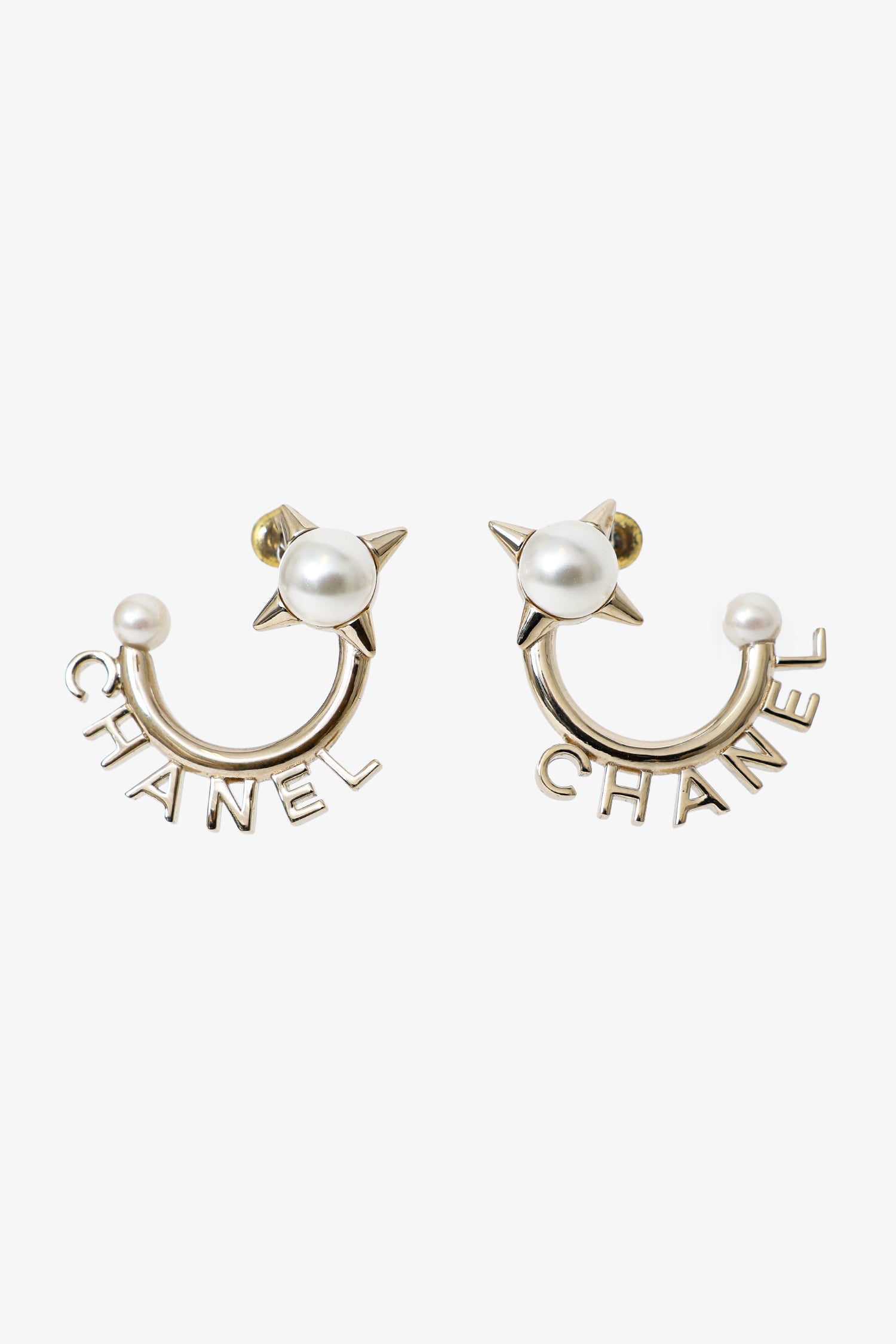 Pre-Loved Chanel™ Gold Tone Pearl Logo Hoop Earrings