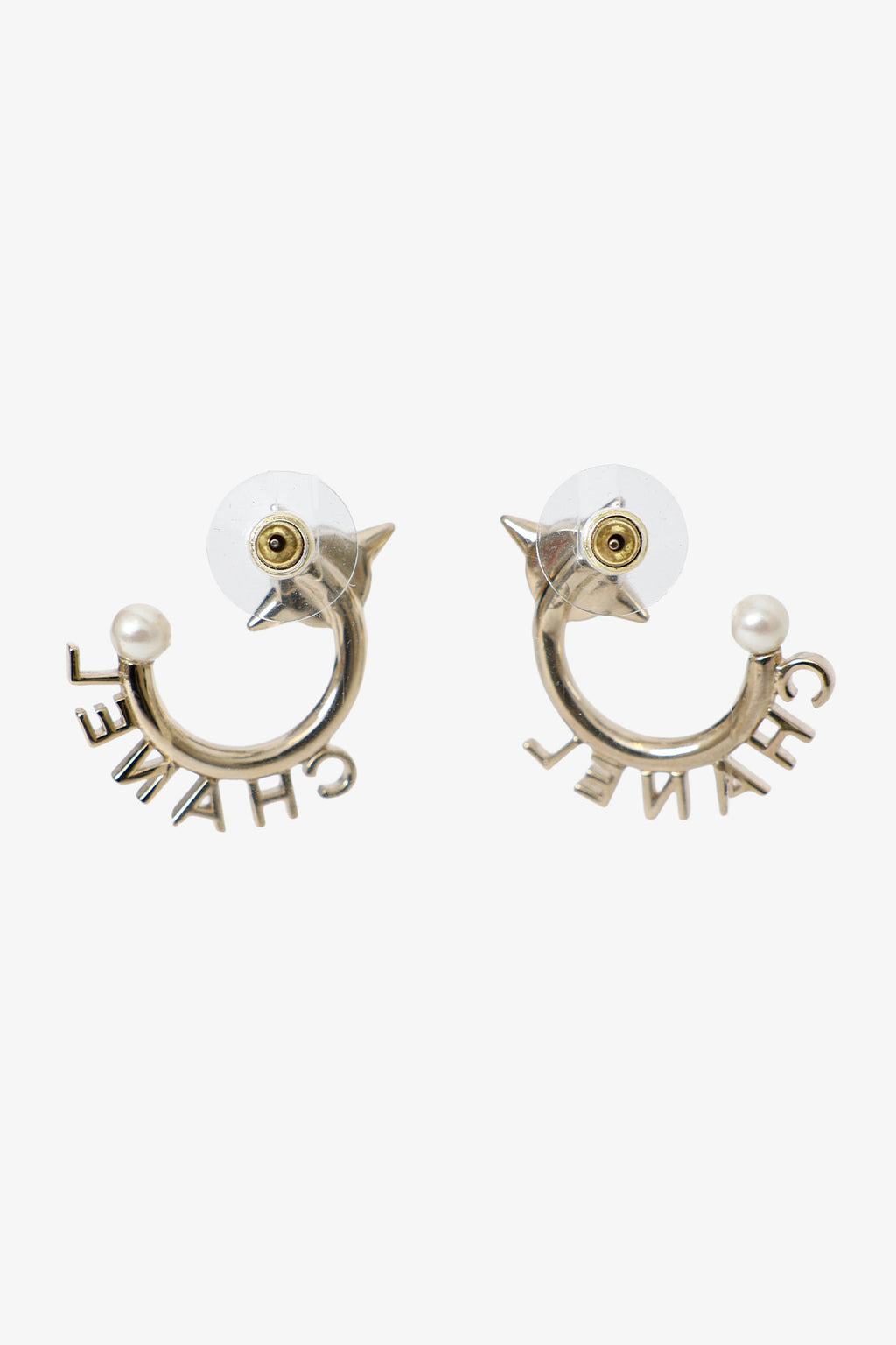 Pre-Loved Chanel™ Gold Tone Pearl Logo Hoop Earrings