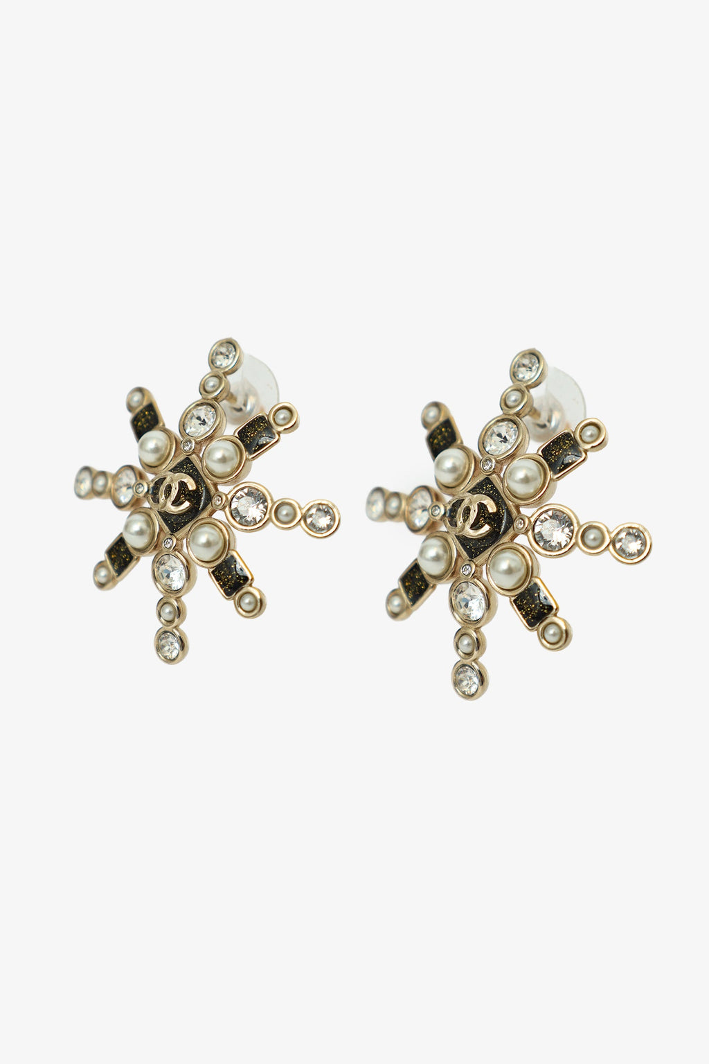 Pre-Loved Chanel™ Gold-tone Black Bead Pearl Crystal CC Star Earrings