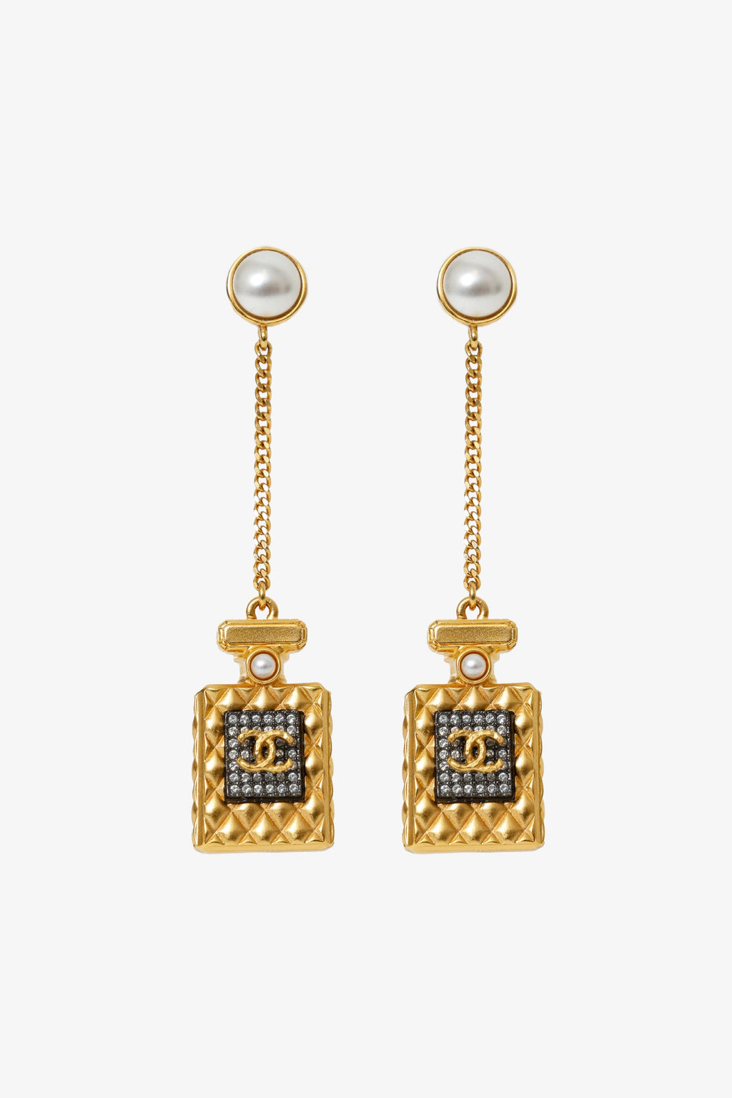 Pre-Loved Chanel™ Gold Tone Crystal Pearl CC Perfume Bottle Chain Drop Earrings