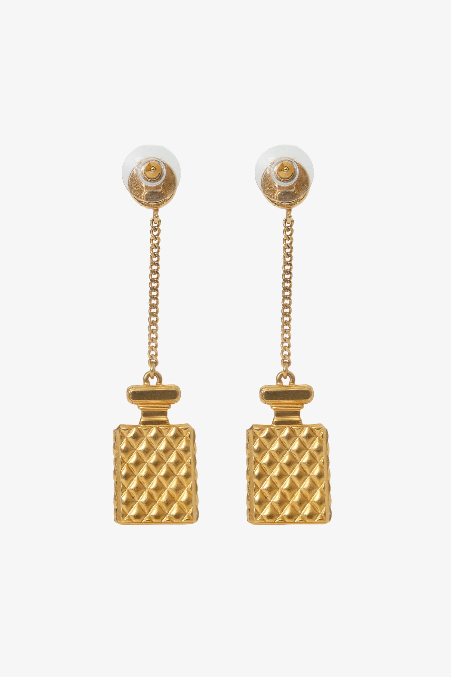 Pre-Loved Chanel™ Gold Tone Crystal Pearl CC Perfume Bottle Chain Drop Earrings