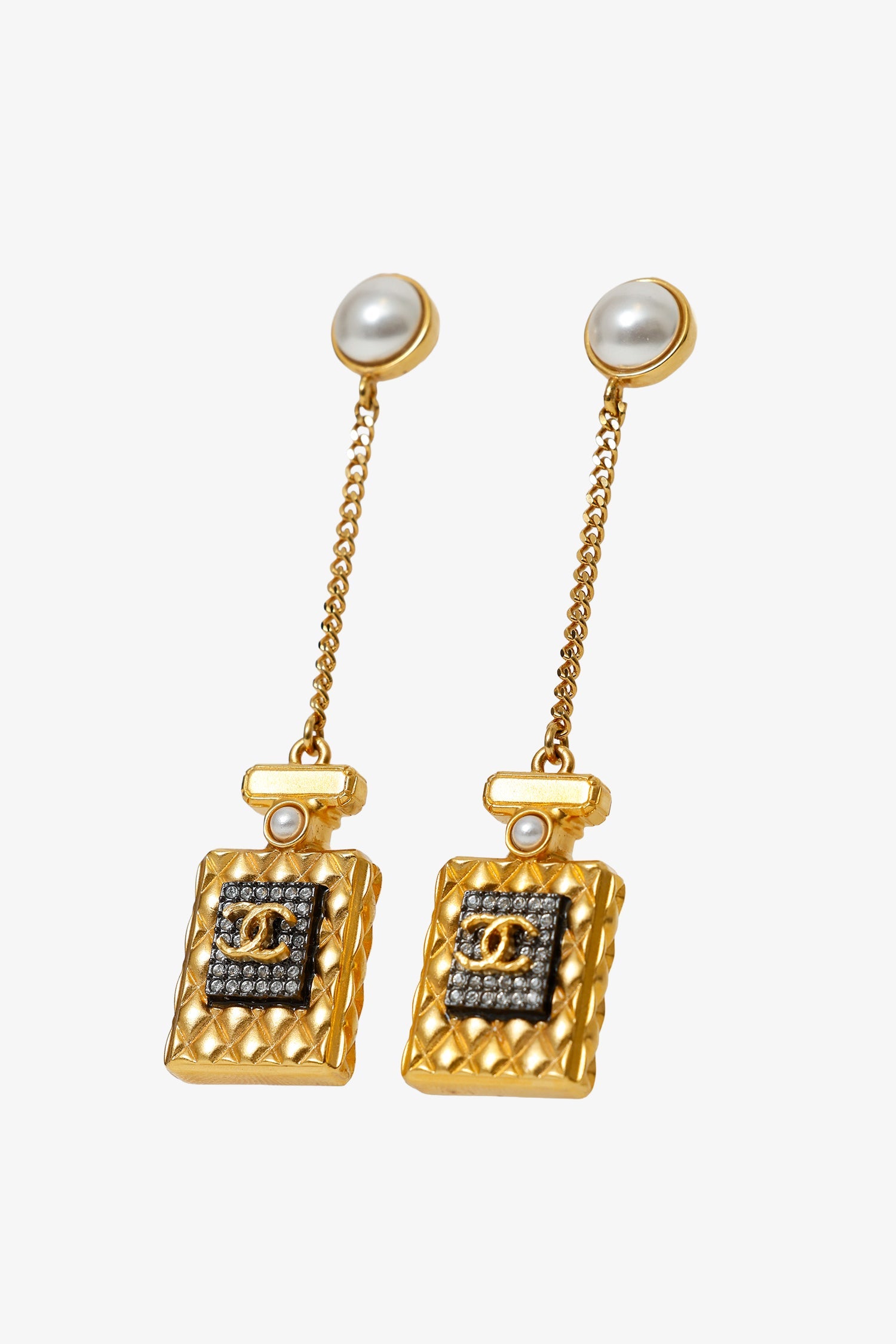 Pre-Loved Chanel™ Gold Tone Crystal Pearl CC Perfume Bottle Chain Drop Earrings