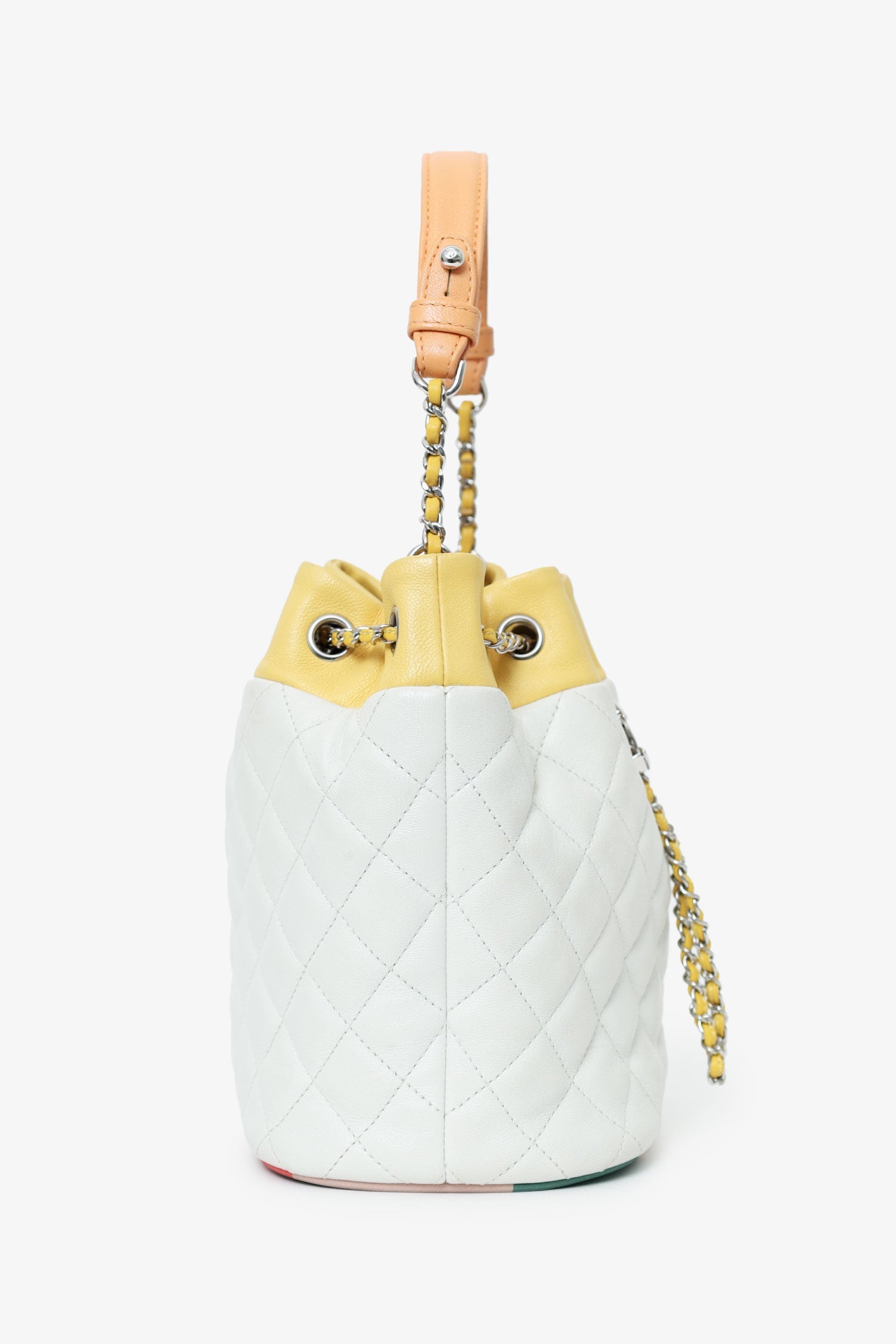 Pre-Loved Chanel™ White/Yellow Leather Paris-Cuba Chain Bucket Bag