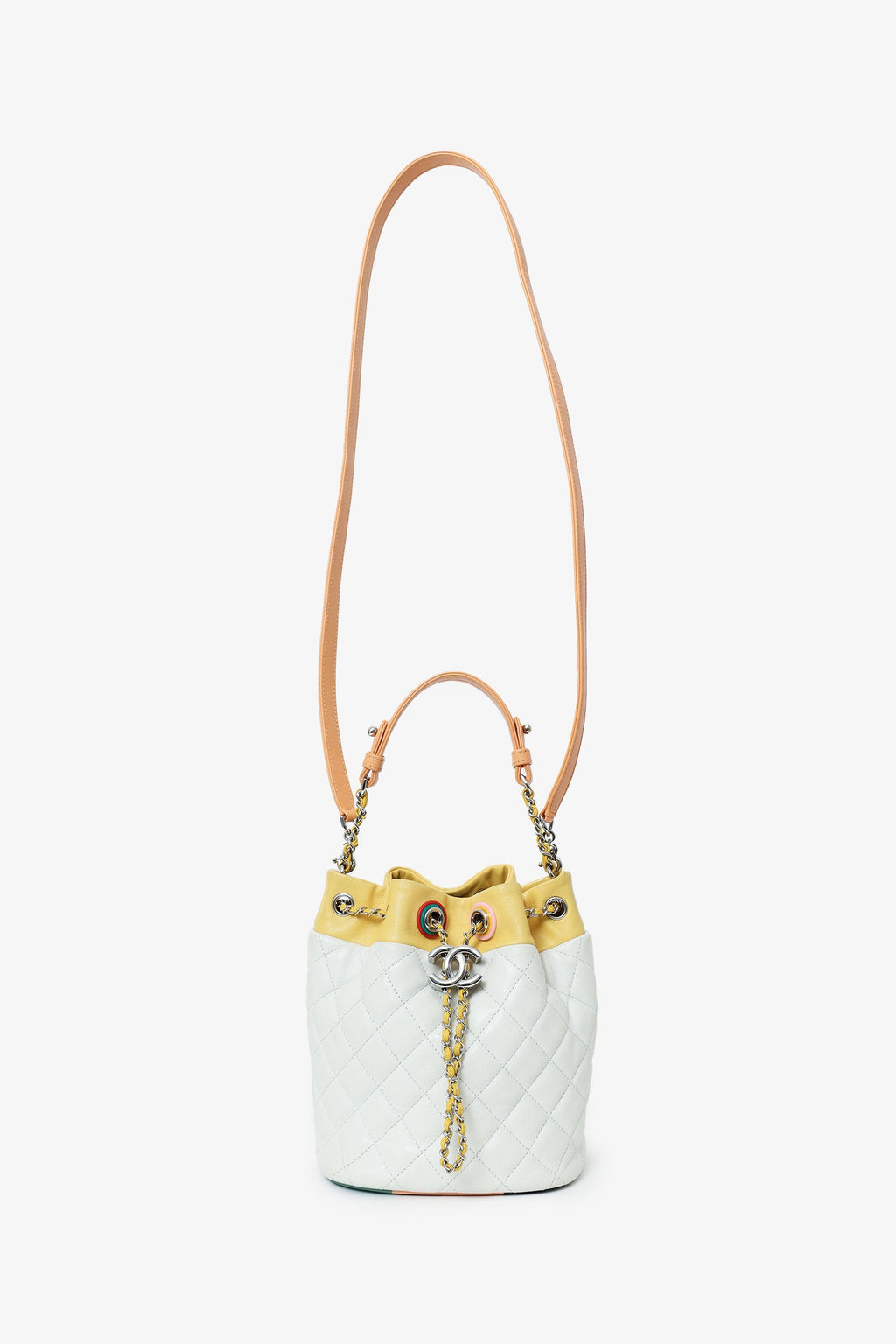Pre-Loved Chanel™ White/Yellow Leather Paris-Cuba Chain Bucket Bag