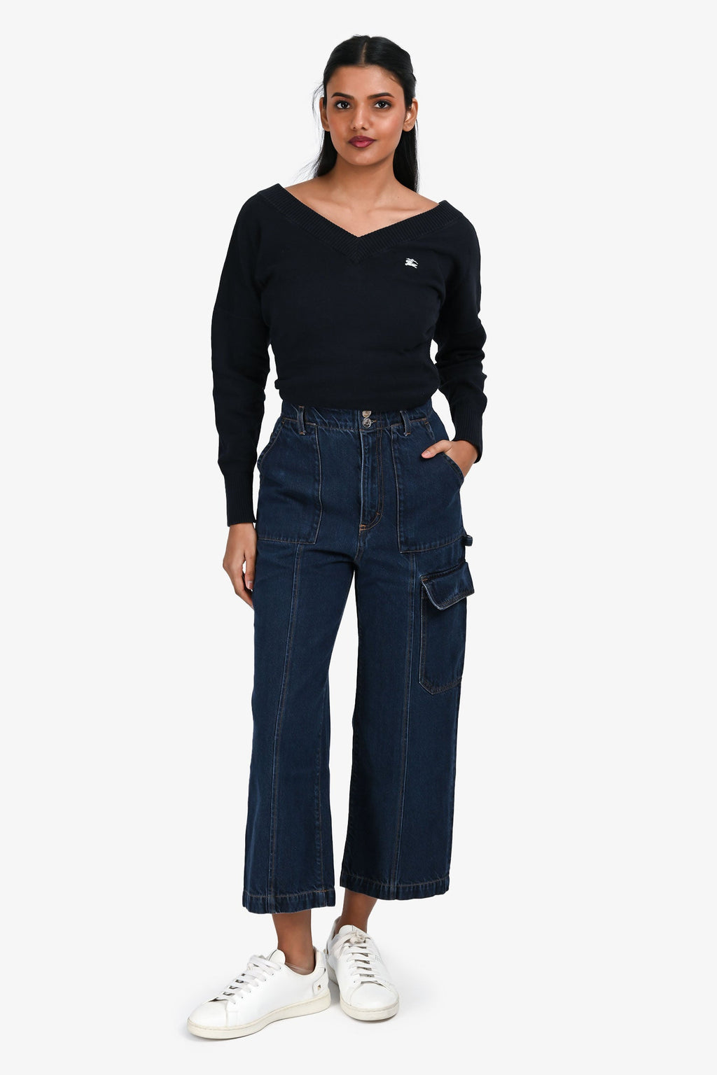 SportMax Code Blue Denim Dark Wash Cargo Wide Leg Jeans Size 25