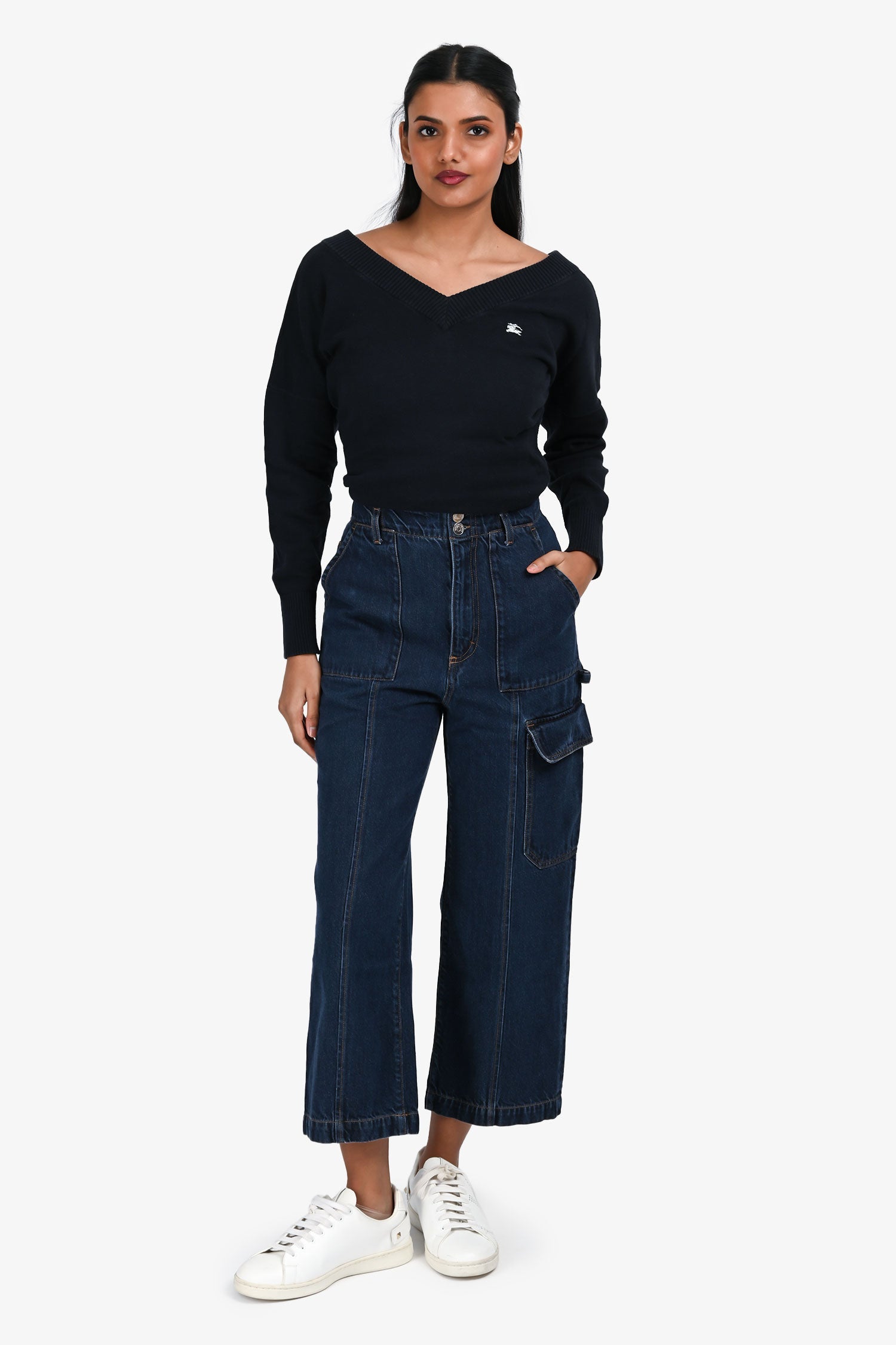 SportMax Code Blue Denim Dark Wash Cargo Wide Leg Jeans Size 25