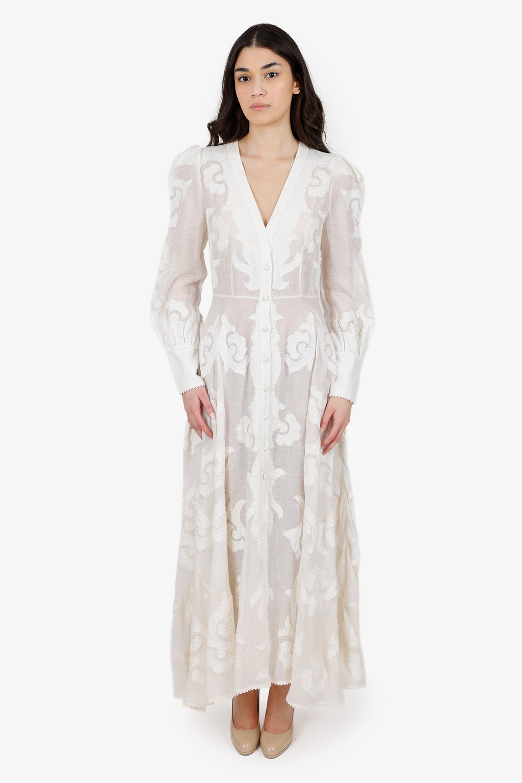 Zimmermann White Linen Radiate Applique Button Down Maxi Dress Size 2