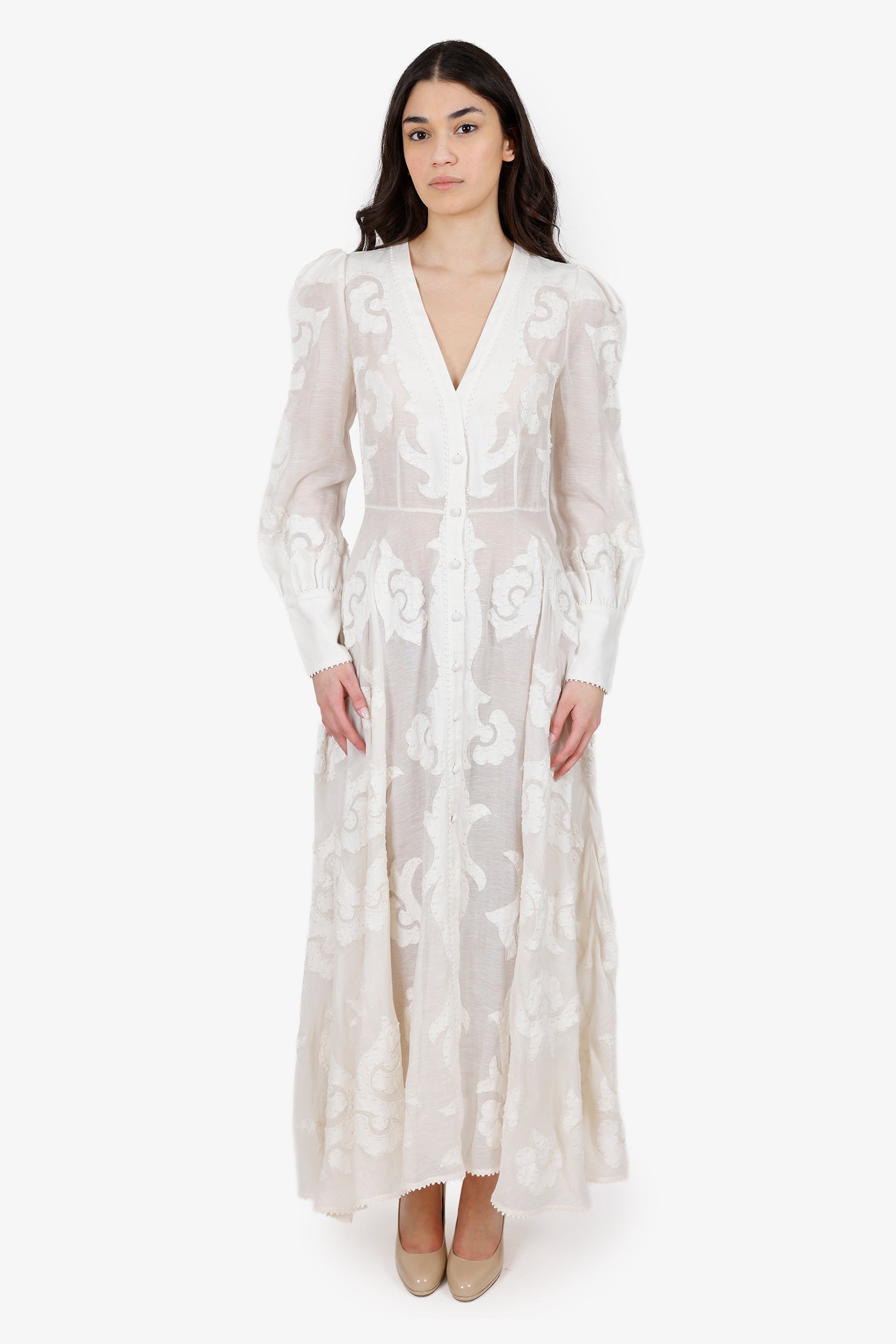 Zimmermann White Linen Radiate Applique Button Down Maxi Dress Size 2