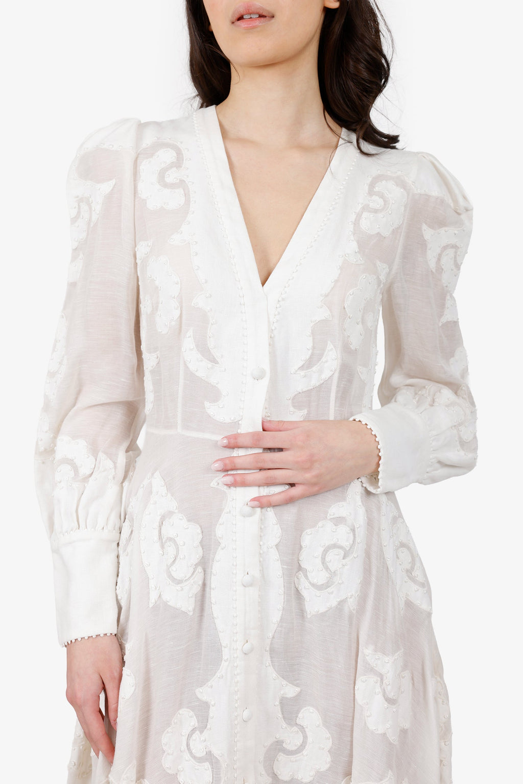 Zimmermann White Linen Radiate Applique Button Down Maxi Dress Size 2