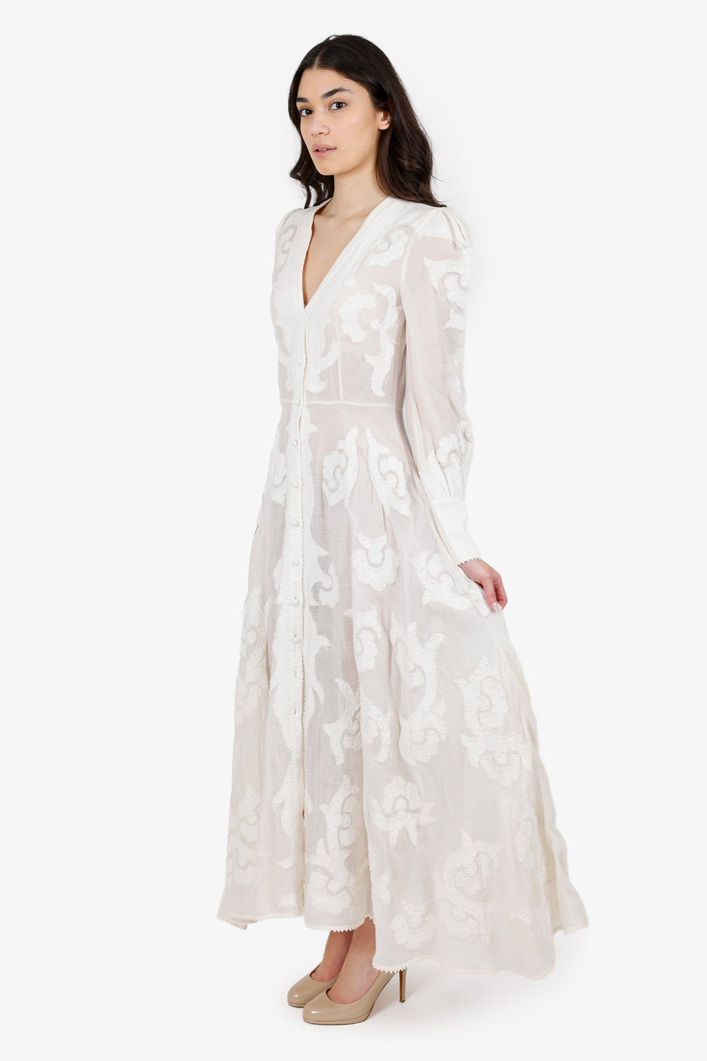 Zimmermann White Linen Radiate Applique Button Down Maxi Dress Size 2