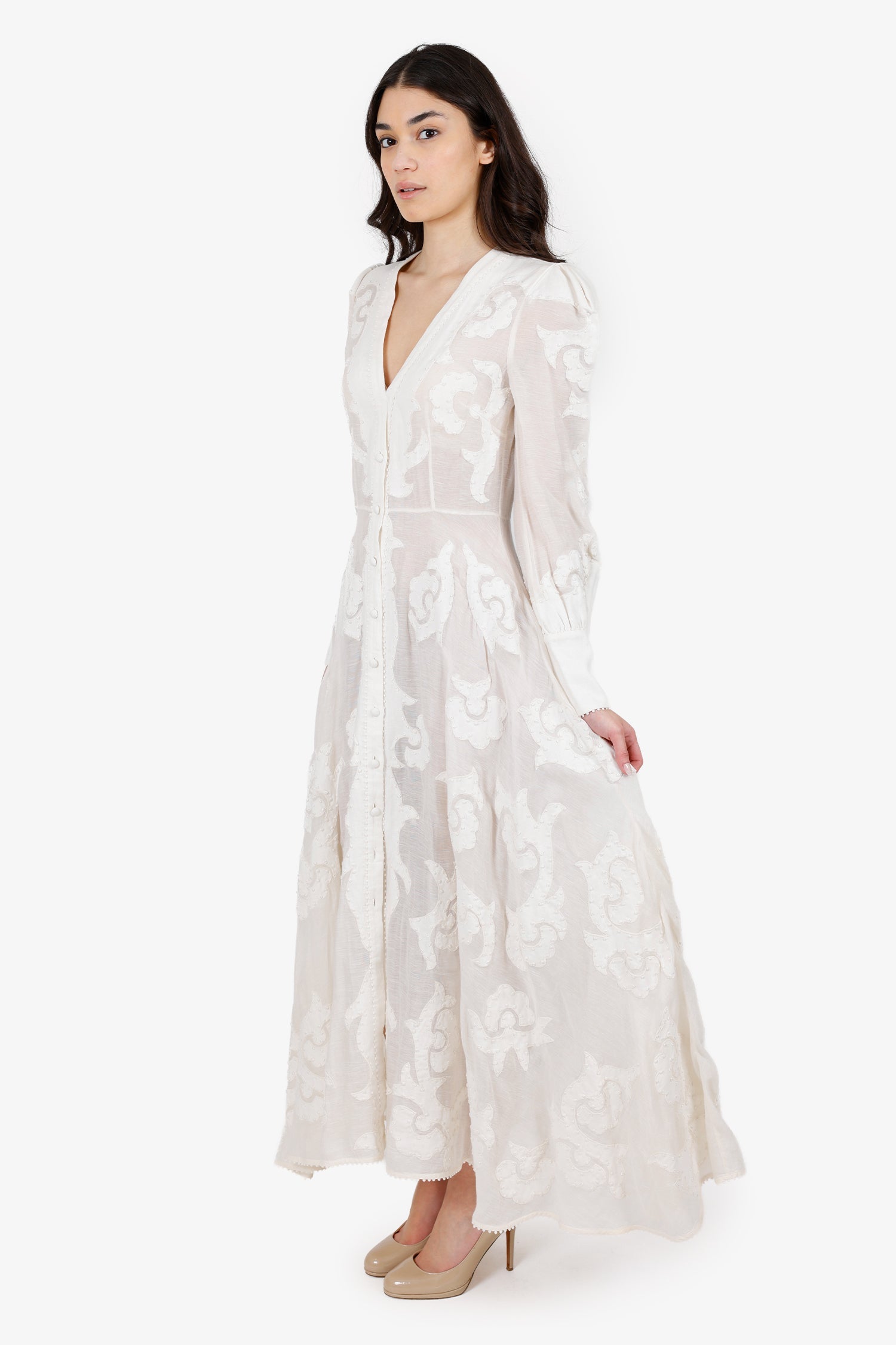 Zimmermann White Linen Radiate Applique Button Down Maxi Dress Size 2