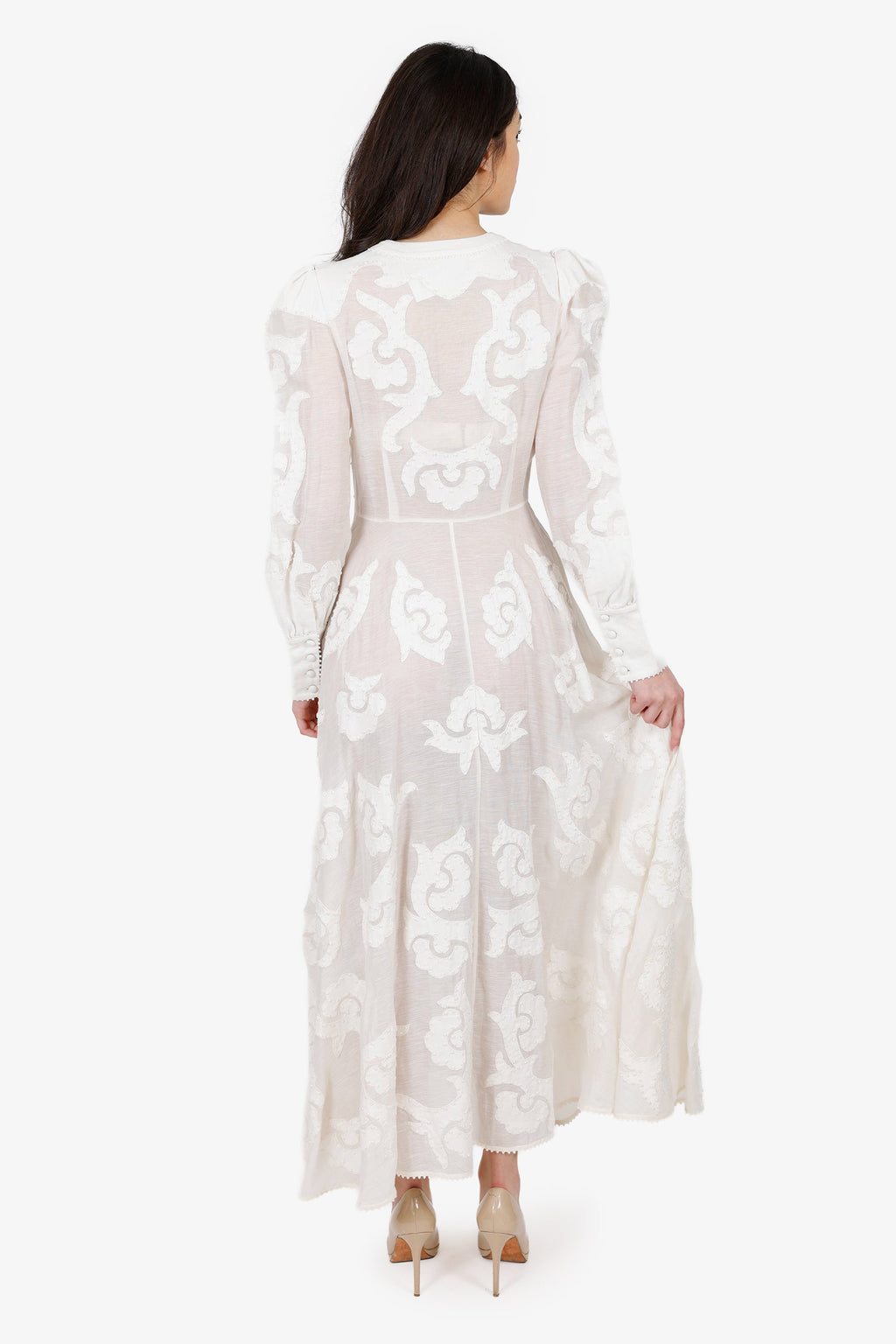 Zimmermann White Linen Radiate Applique Button Down Maxi Dress Size 2