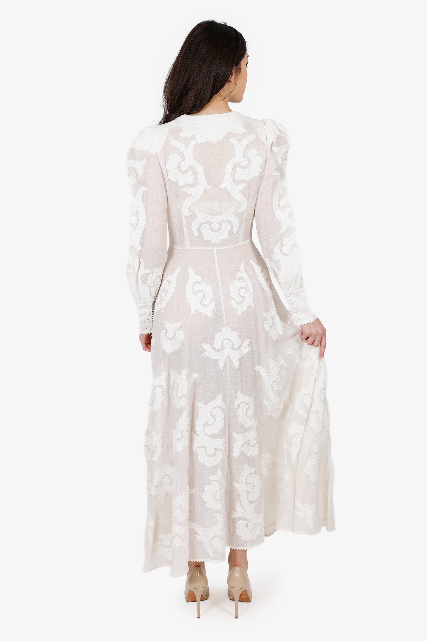 Zimmermann White Linen Radiate Applique Button Down Maxi Dress Size 2
