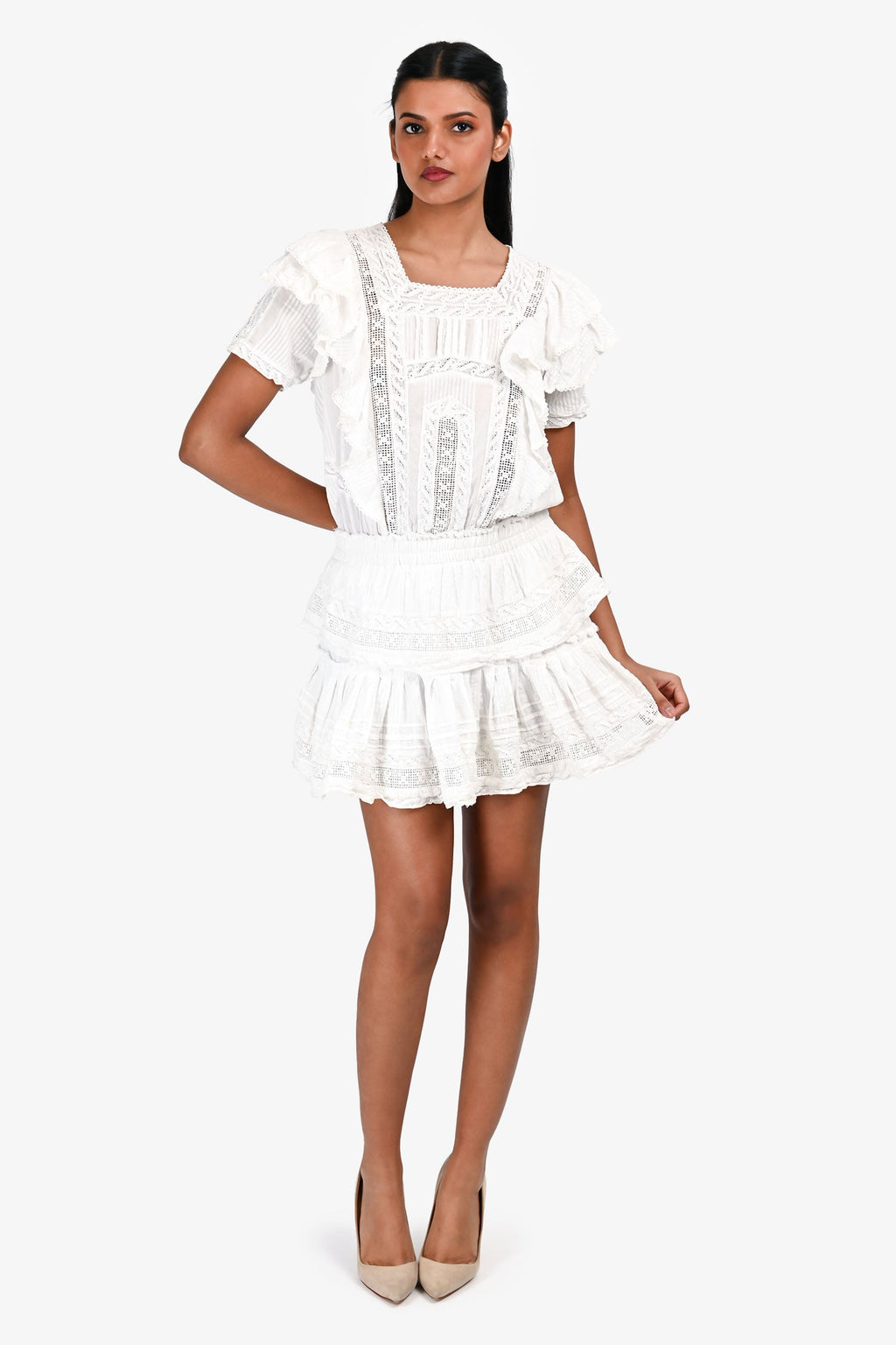 LoveShackFancy White Cotton Sleeveless Ruffle Mini Dress Size S
