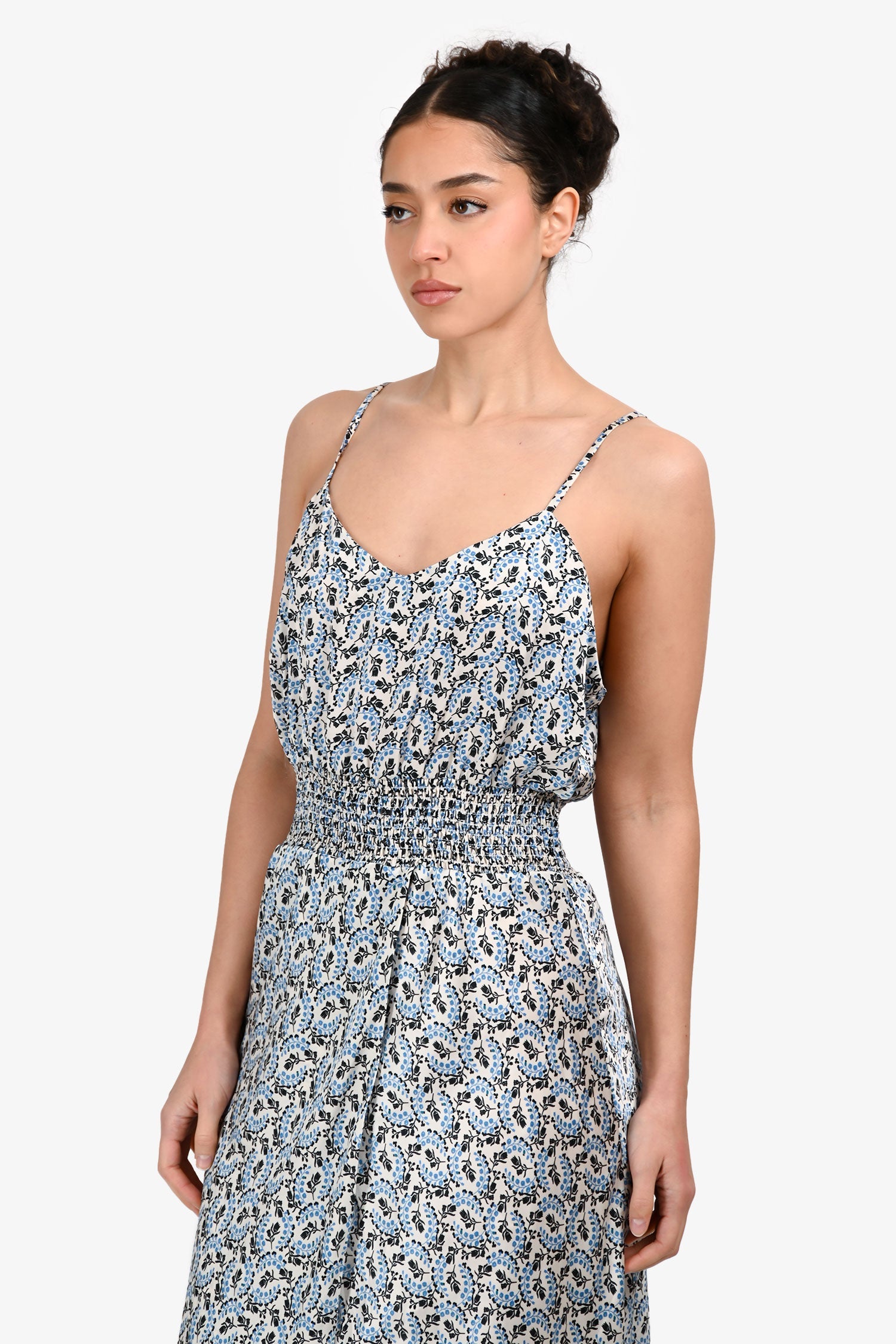 Maje Cream/Blue Satin Floral Sleeveless Midi Dress Size 40