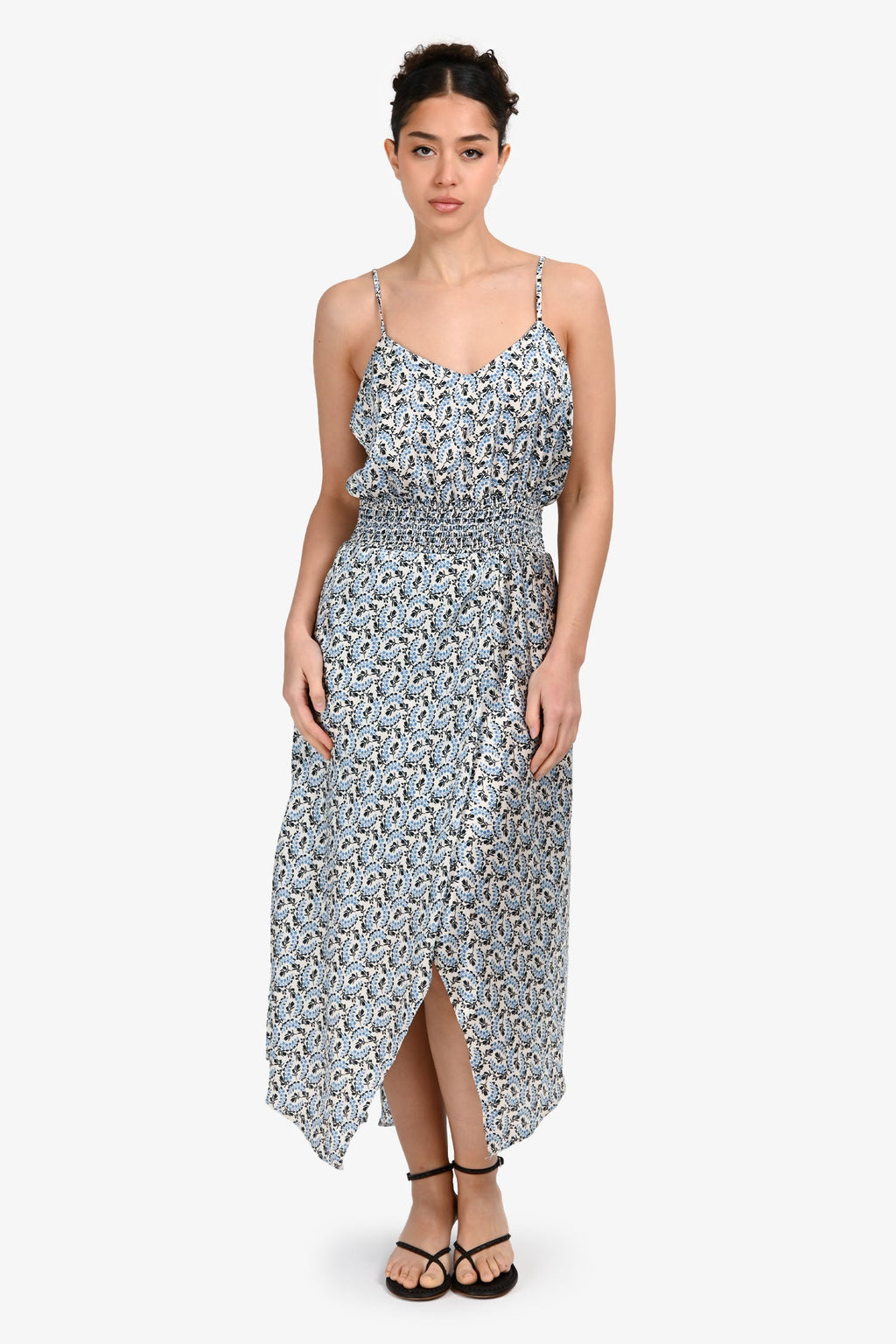 Maje Cream/Blue Satin Floral Sleeveless Midi Dress Size 40