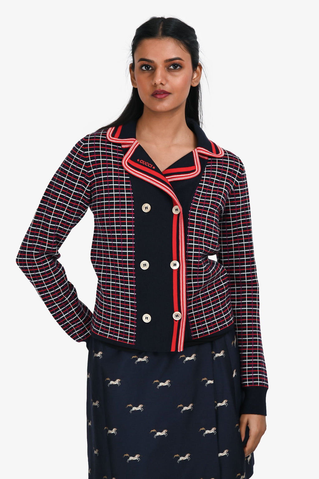 Gucci Navy/Red Wool Patterned Double Breasted igan Size 12+